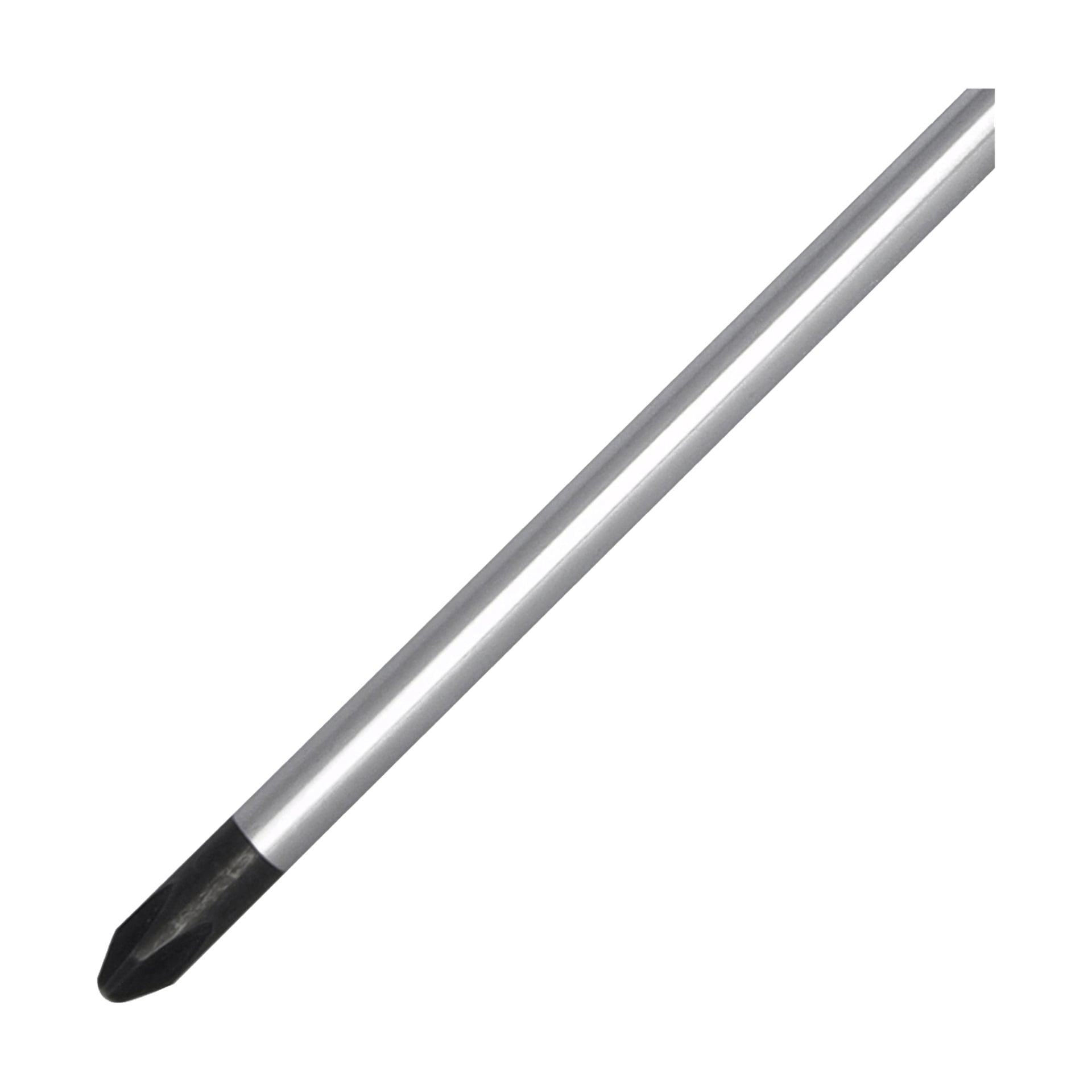 En närbild av en Meec Tools Phillips-skruvmejsel med metalliskt silveraxel och en svart, korsformad spets, placerad diagonalt.