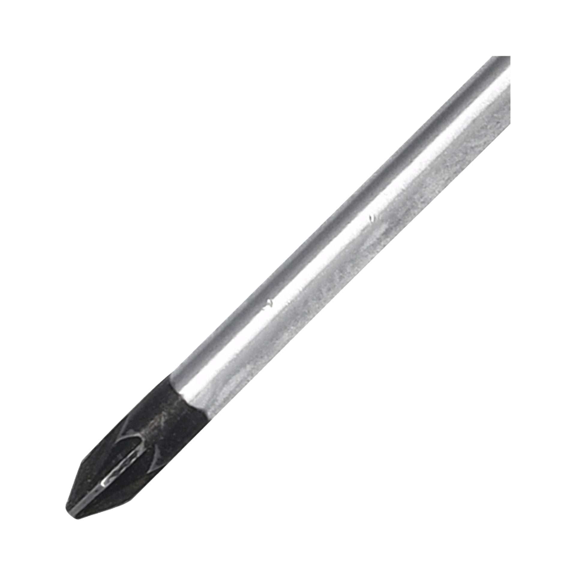 Närbild av en Meec Tools Phillips Pozidriv-skruvmejsel, som visar dess metallaxel och unikt formade korstipp avsedd för Phillips-skruvar.