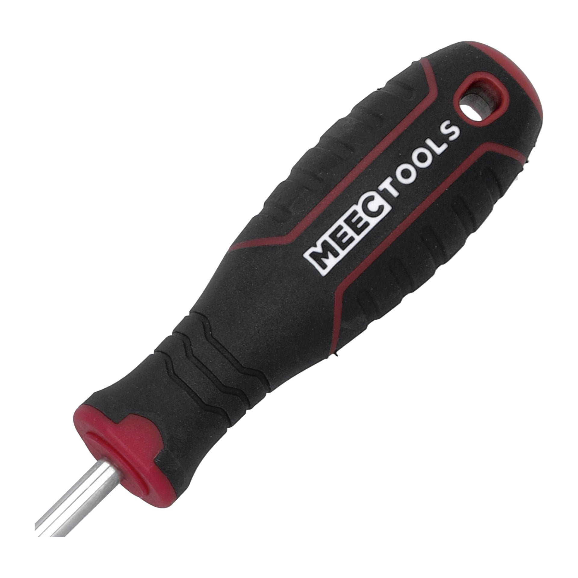 Närbild av ett Meec Tools Phillips-skruvmejselhandtag i svart och rött, som visar dess texturerade grepp, ett litet hänghål och änden av metallskaftet som sträcker sig från nedre vänstra sidan.