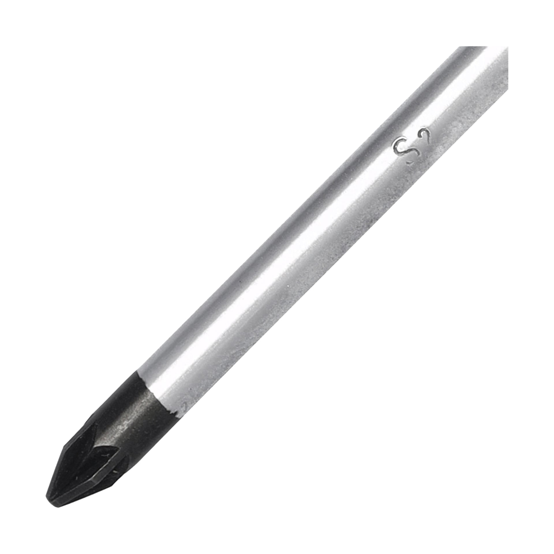 En närbild på en Meec Tools Phillips Pozidriv-skruvmejsel med ett silverfärgat metallskaft och en svart korsformad spets.