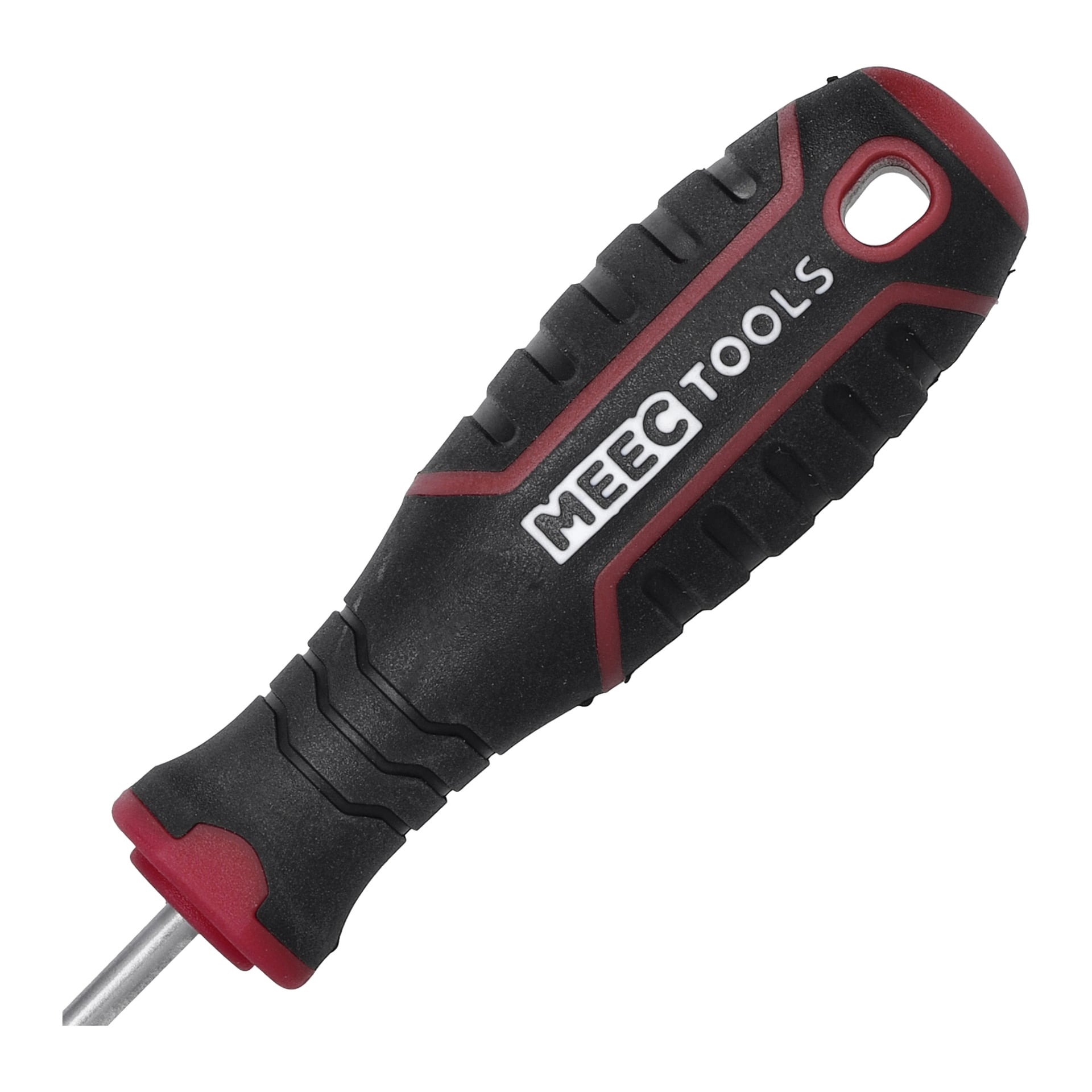 Närbild på ett svart och rött Meec Tools Phillips Pozidriv-skruvmejselhandtag, med ett texturerat grepp och ett hängande hål. Varumärket Meec Tools finns med vita bokstäver på handtaget.