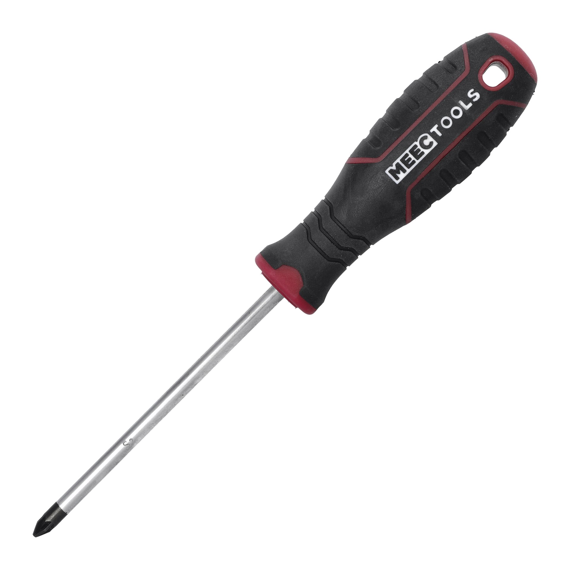 En Phillips Pozidriv-skruvmejsel från Meec Tools med svart och rött gummihandtag, metallaxel och korsformad spets.