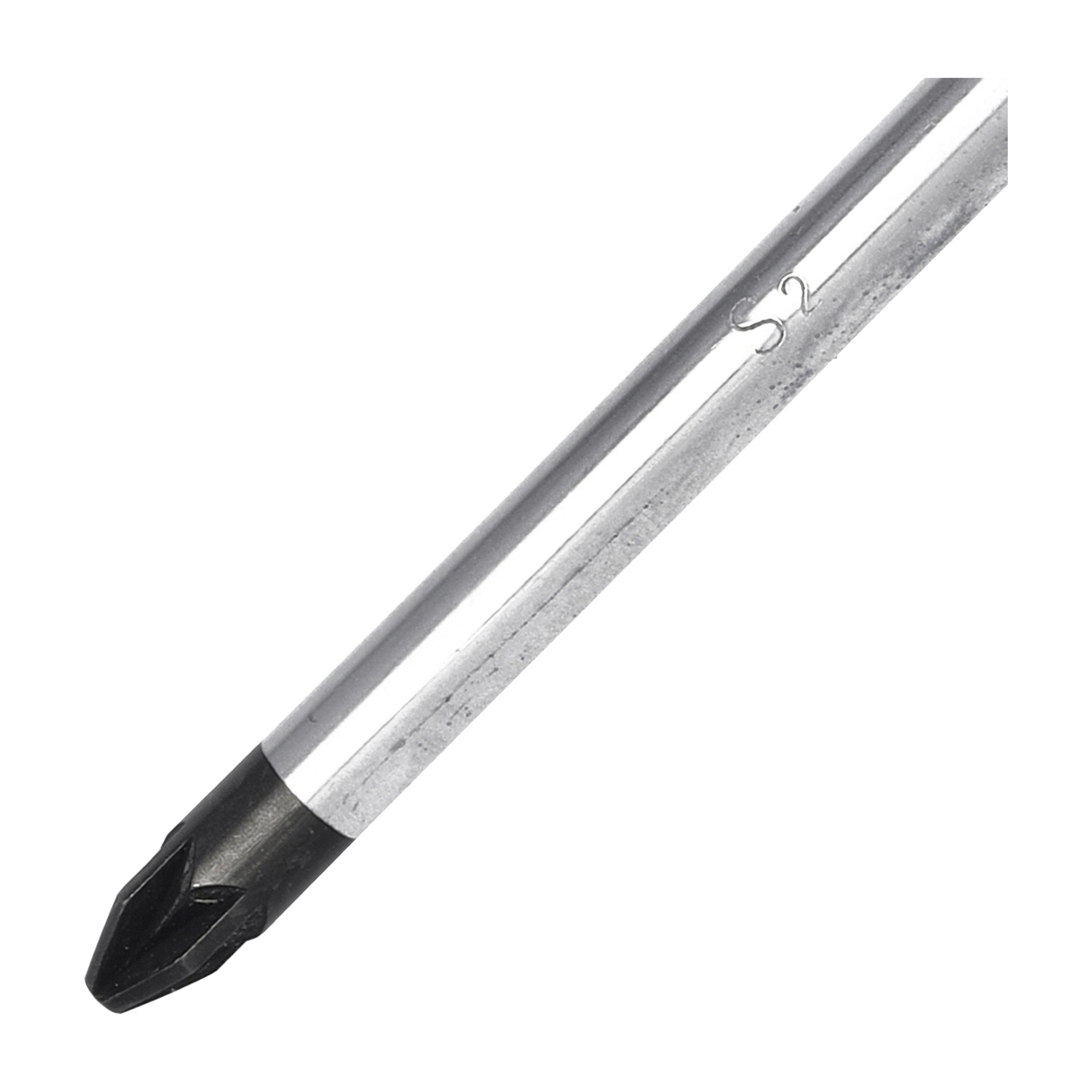 En närbild av Meec Tools Phillips Pozidriv-skruvmejsel visar dess metallaxel med en S2-märkning som anger materialtyp, samt en svart, korsformad spets.