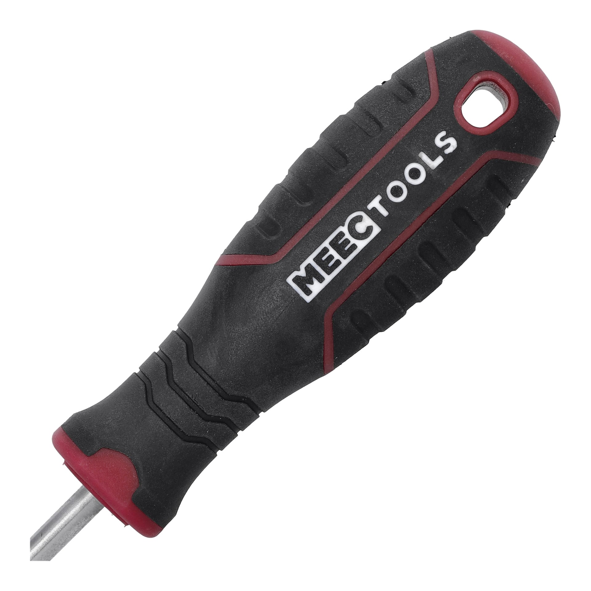En närbild på ett Meec Tools Phillips Pozidriv-skruvmejselhandtag, som visar dess svarta kropp med röda detaljer och texturerade grepp. Det finns ett hål i slutet av handtaget, och Meec Tools-logotypen syns på sidan i vitt.