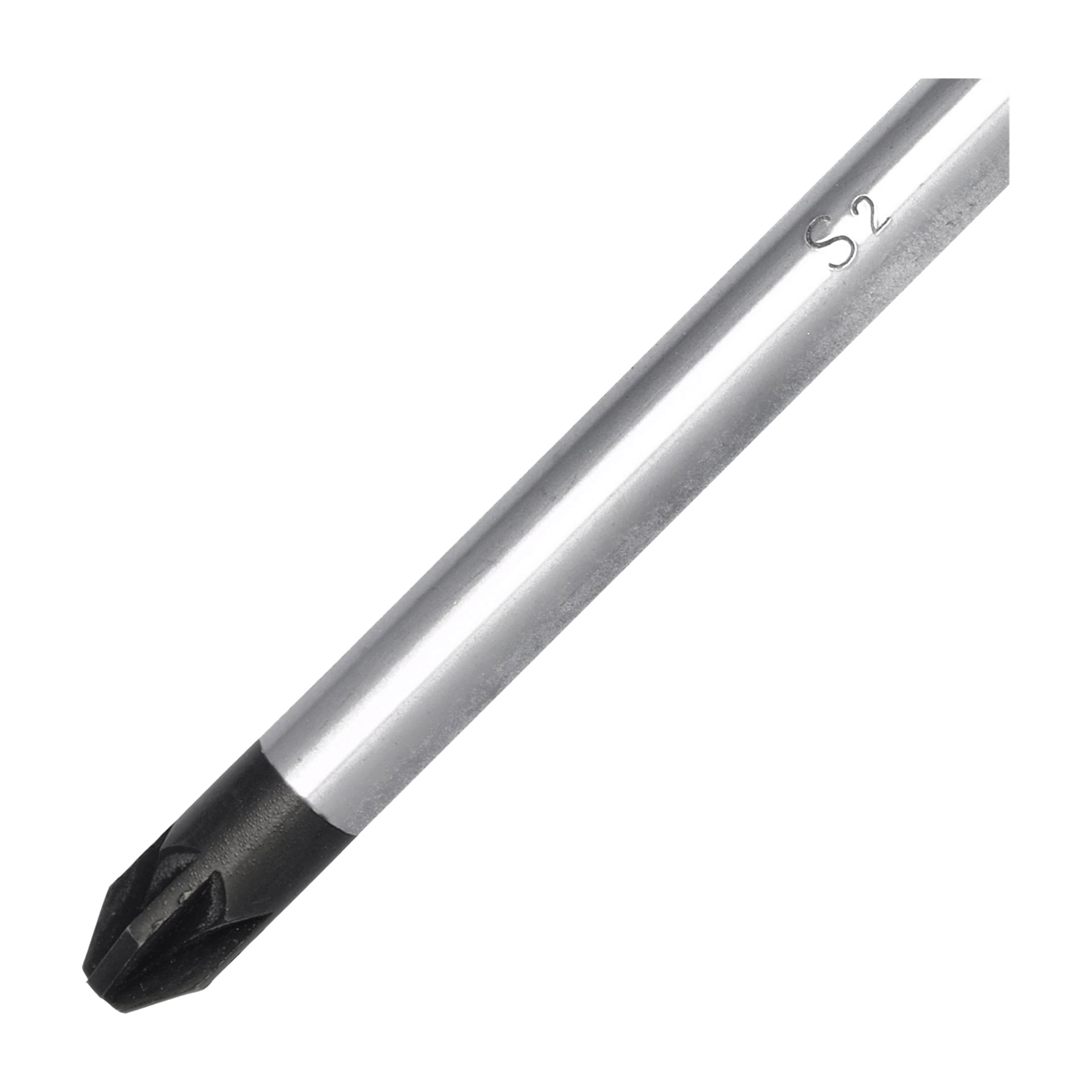 Närbild av en Meec Tools Phillips Pozidriv-skruvmejselspets kopplad till en metallaxel, med "S2" ingraverat på axeln.