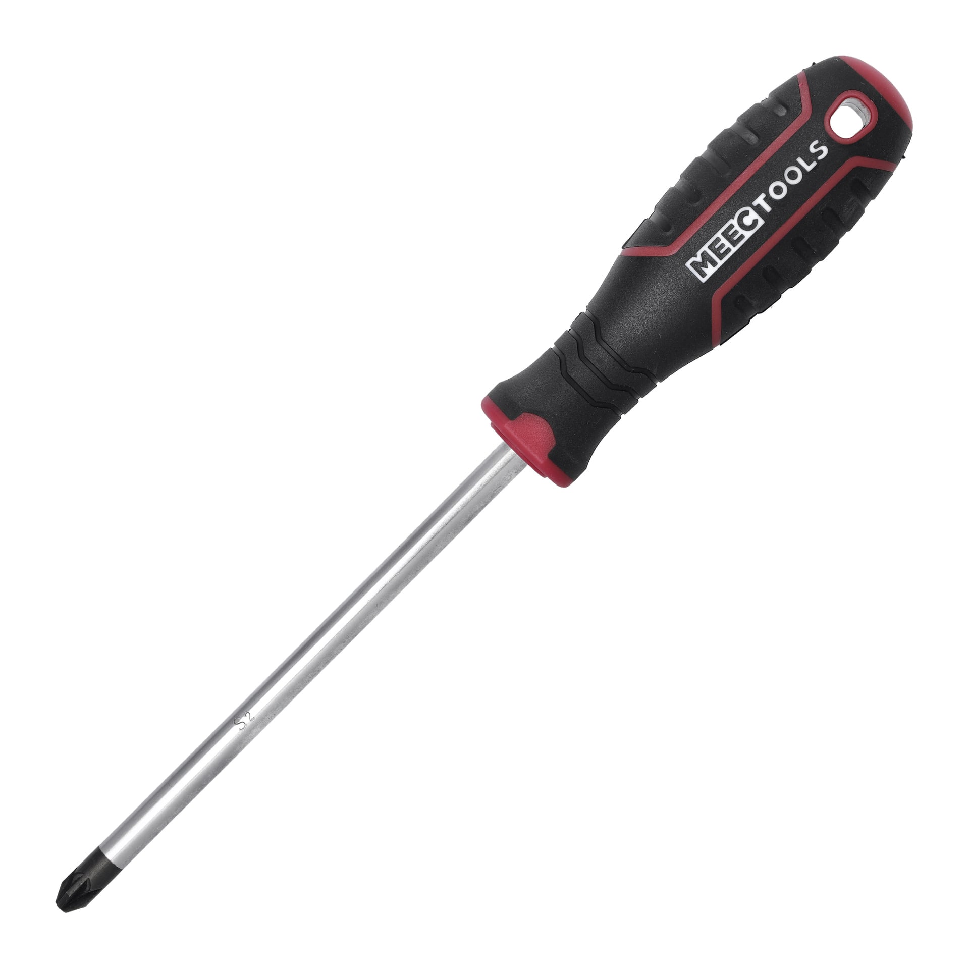 En Meec Tools Phillips Pozidriv-skruvmejsel med svart och rött ergonomiskt handtag och förlängd metallaxel.