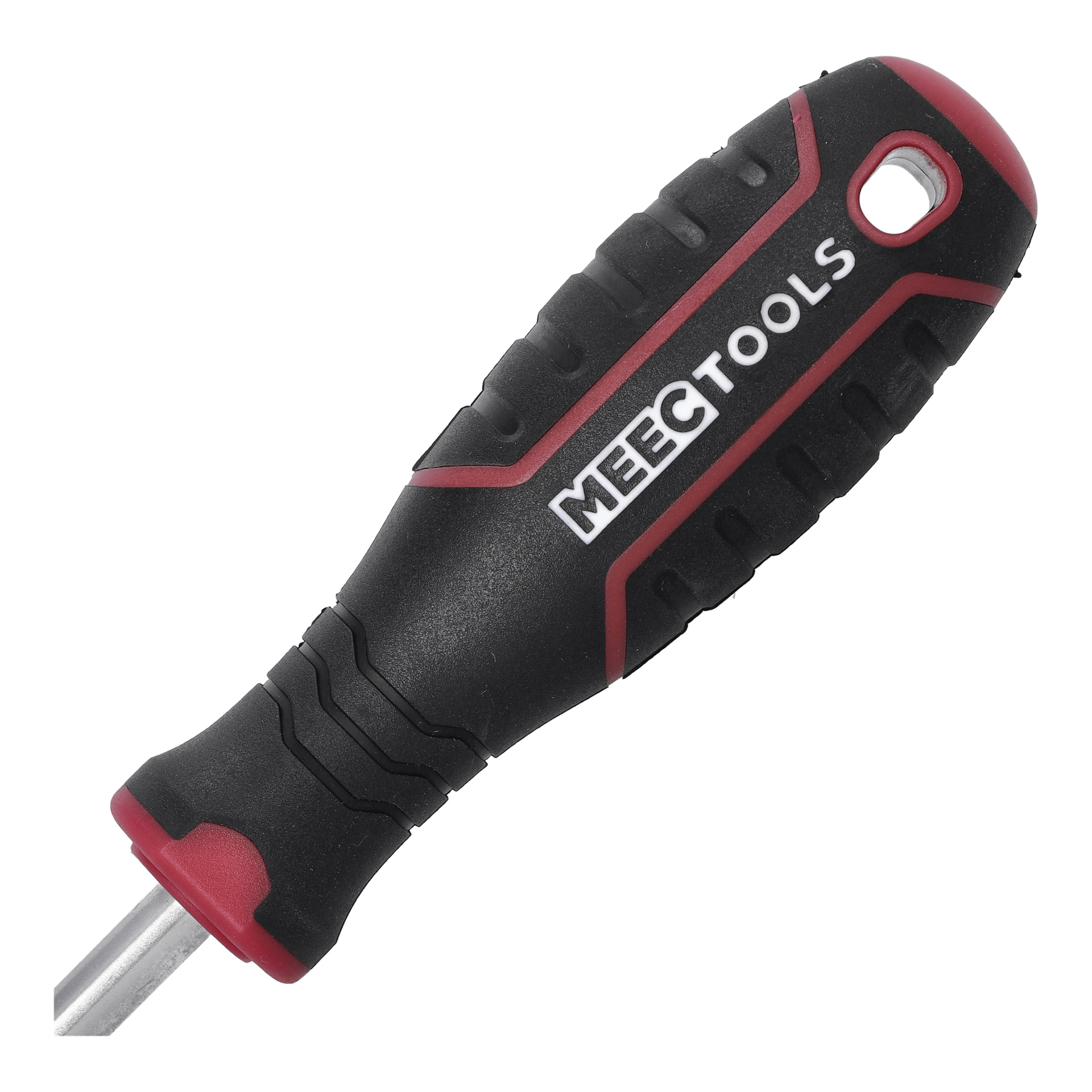 Närbild av ett svart Meec Tools Phillips Pozidriv-skruvmejselhandtag med röda detaljer och ett hängande hål nära toppen. Meec Tools-logotypen är tryckt i vitt på handtaget.
