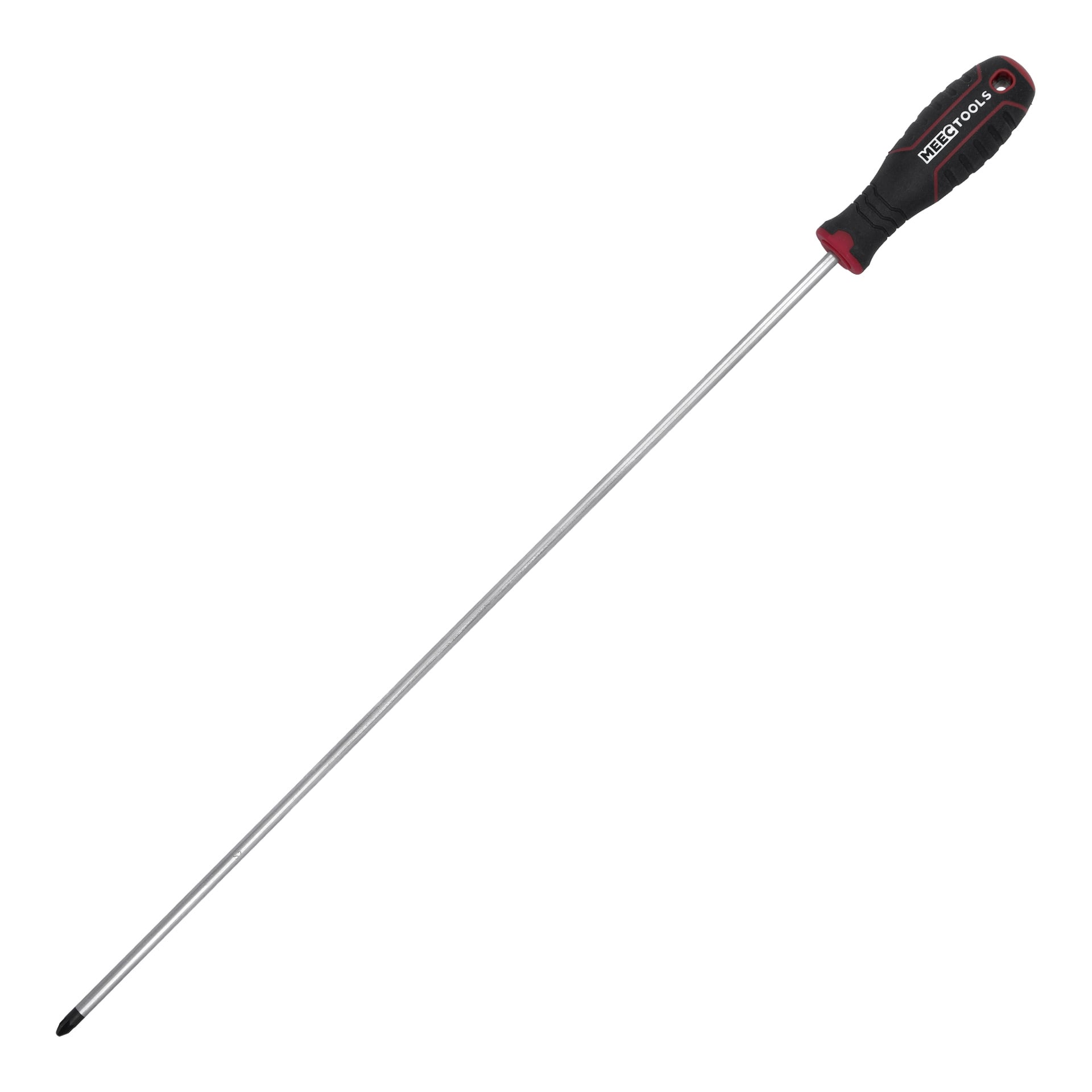 En Meec Tools Phillips Pozidriv-skruvmejsel med långt silverskaft och ett ergonomiskt handtag i svart och rött.