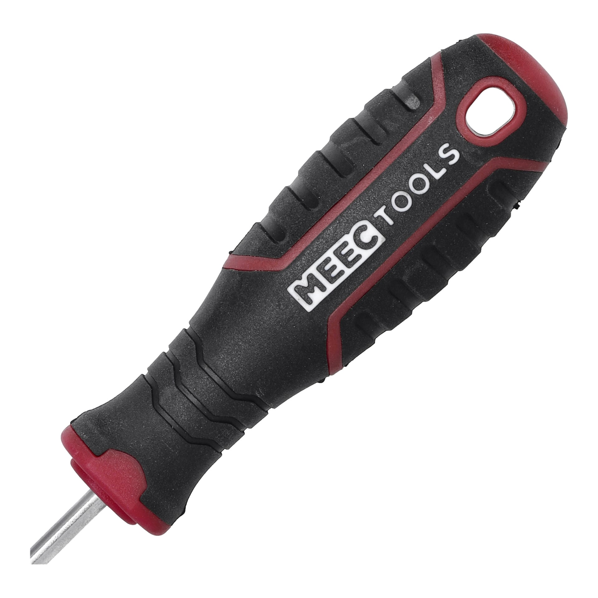 Ett svart och rött Torx-skruvmejselhandtag från Meec Tools med en texturerad greppyta och ett hål nära spetsen för enkel upphängning eller fäste.