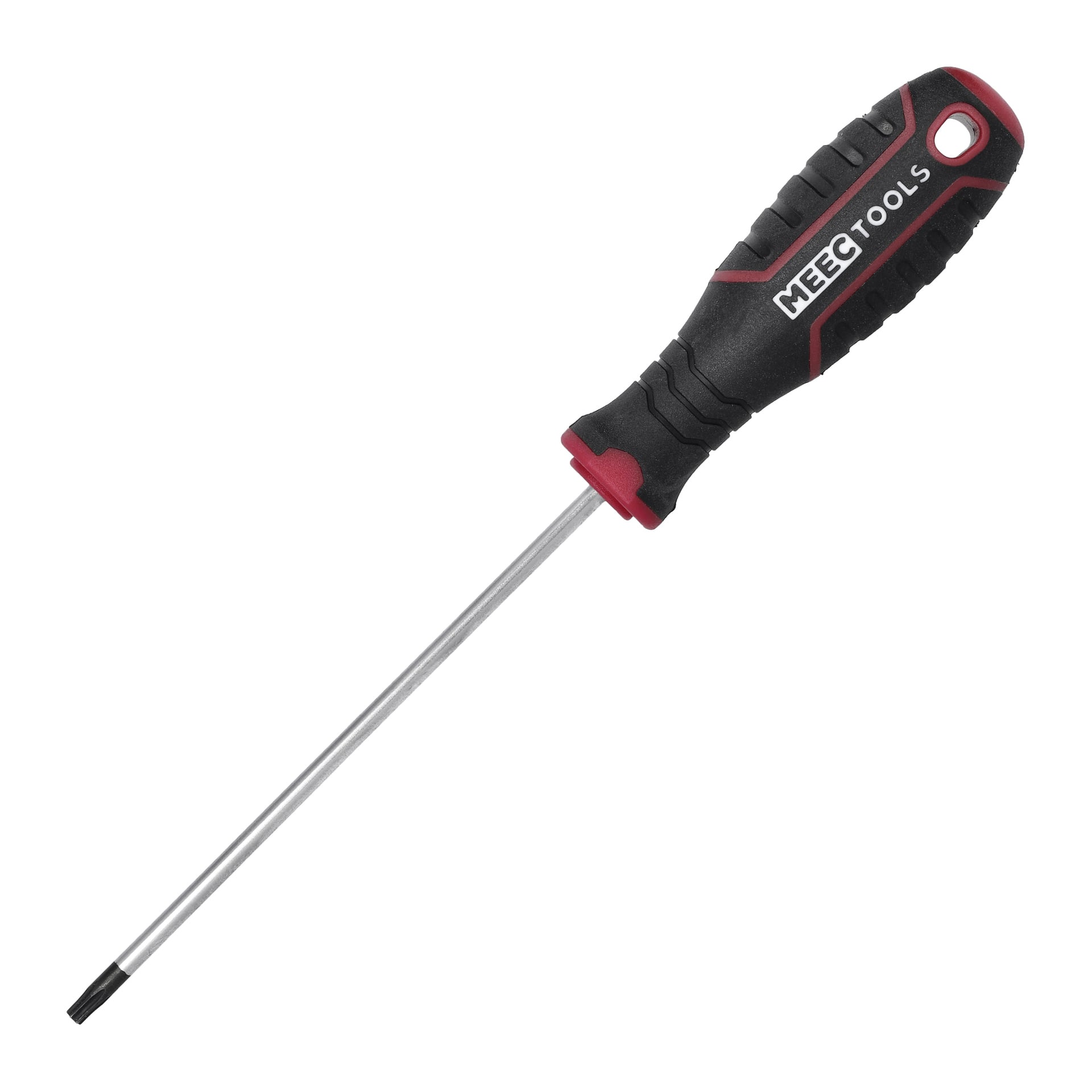 En Torx-skruvmejsel från Meec Tools med ett rött och svart handtag som har ett hål i änden för förvaring, plus ett långt metallskaft. Handtaget visar varumärket Meec Tools.