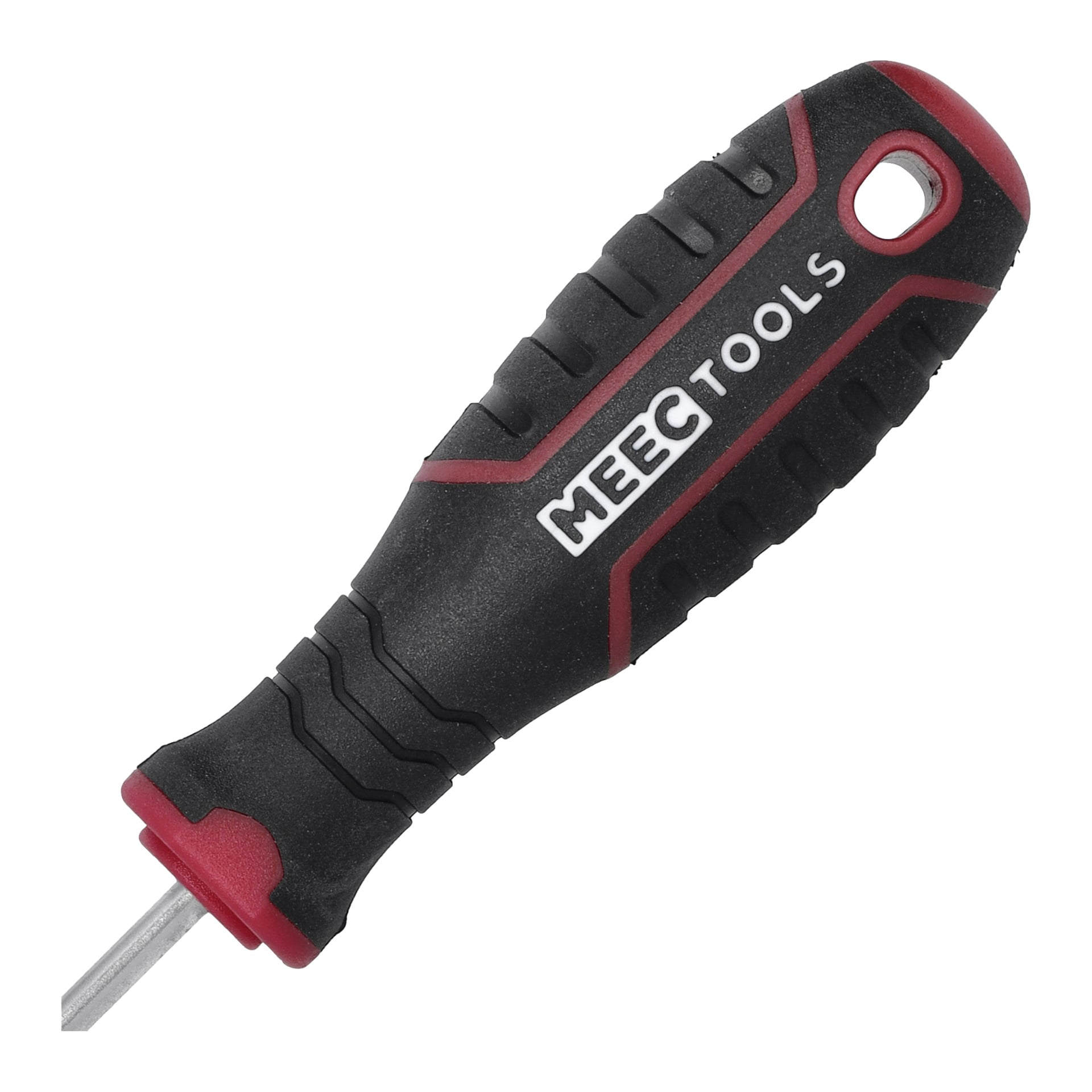 En detaljerad vy av ett Meec Tools Torx-skruvmejselhandtag, som visar dess övervägande svarta utseende med slående röda höglingar, texturerad yta för bättre grepp och ett hängande hål nära toppen.