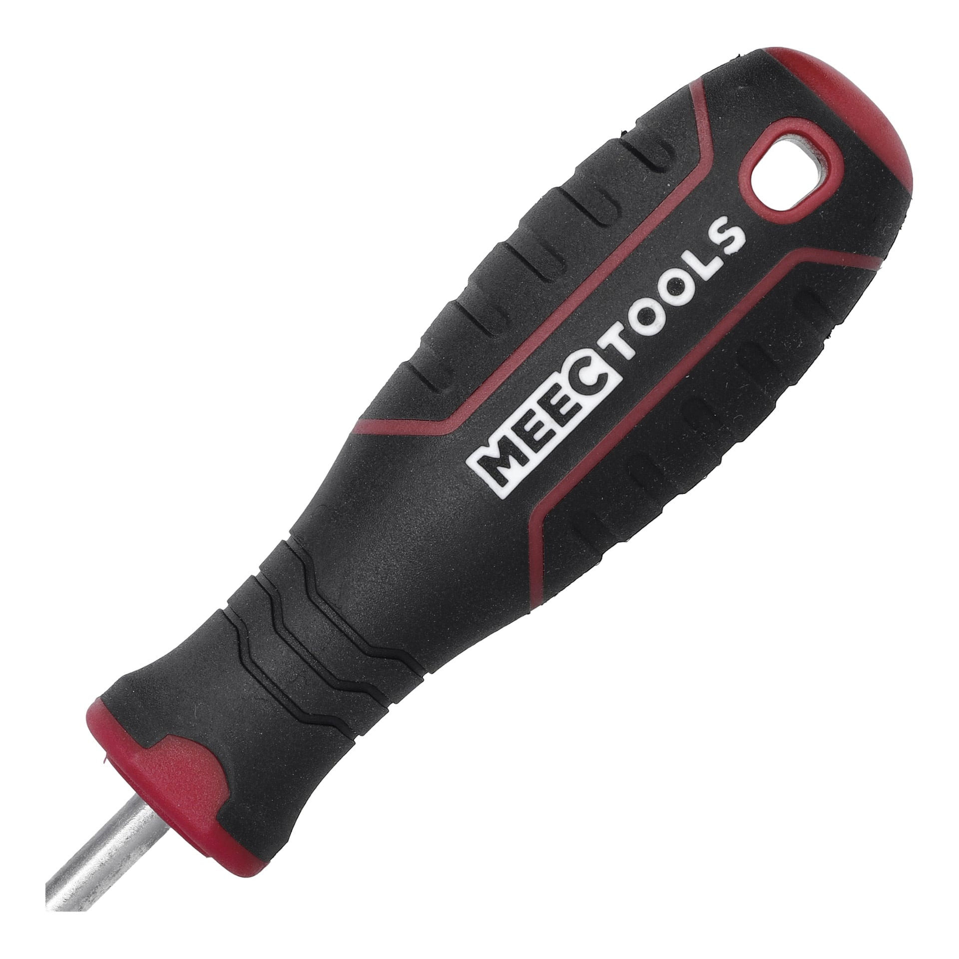 En detaljerad vy av ett Meec Tools Torx skruvmejselhandtag, svart och rött, med dess texturerade grepp och ett hål i änden, med metallskaftet delvis synligt.