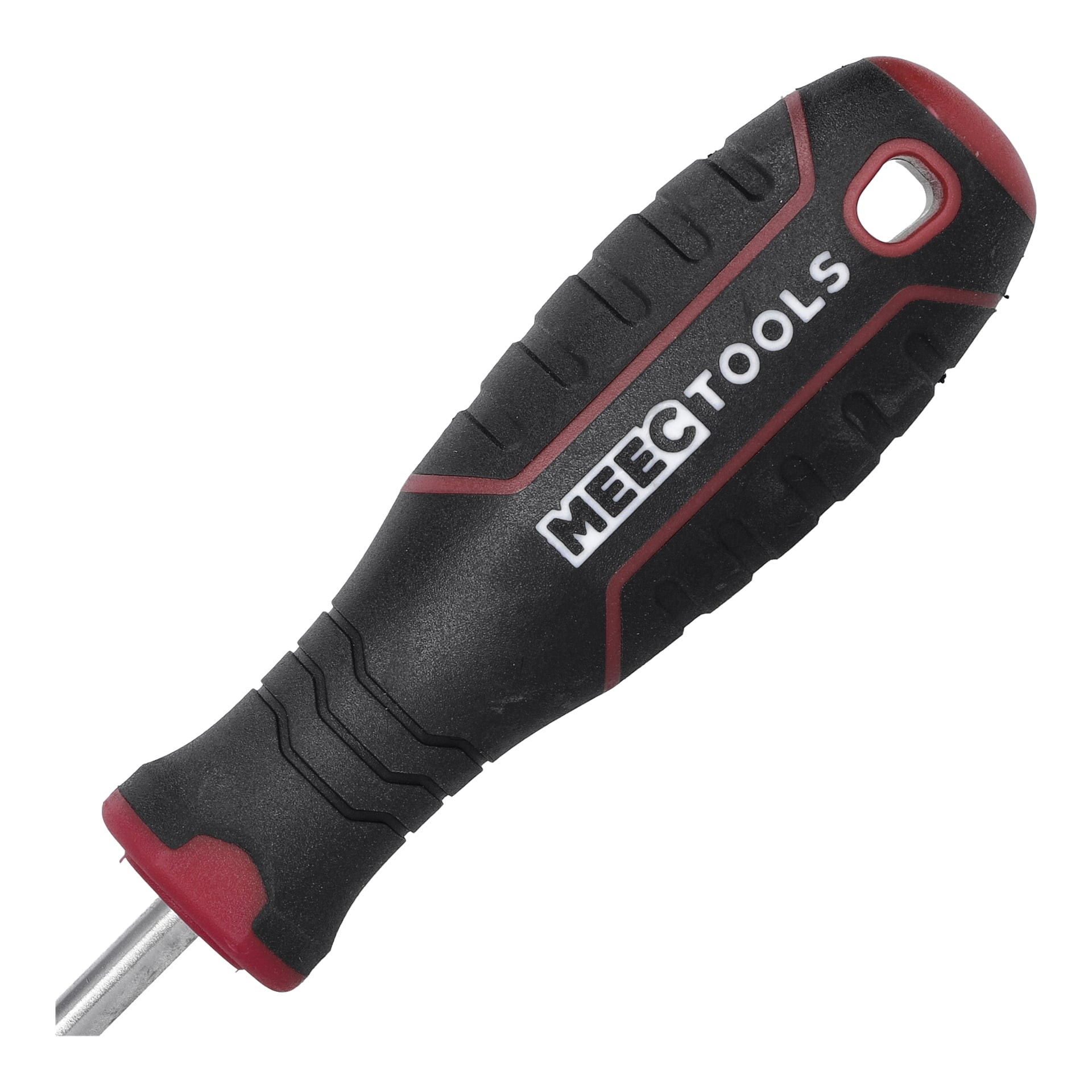 En närbild på ett svart och rött Torx-skruvmejselhandtag med Meec Tools-märkning. Handtaget har texturerade grepp och ett hål nära toppen för upphängning eller förvaring.