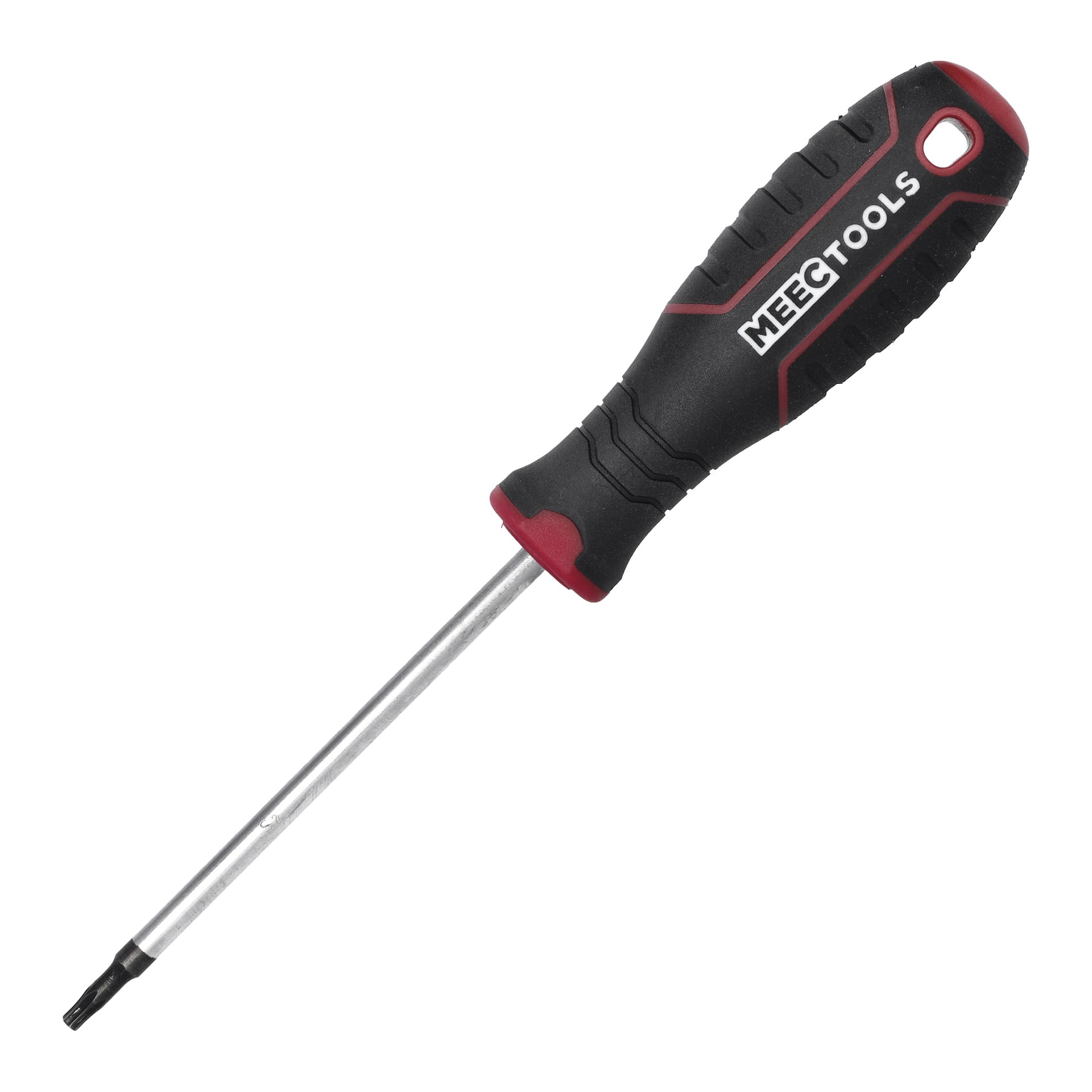 En svart och röd Meec Tools Torx-skruvmejsel med texturerat grepp och metallskaft. Det finns ett hål i slutet av handtaget för att hänga eller fästa i ett verktygsbälte.