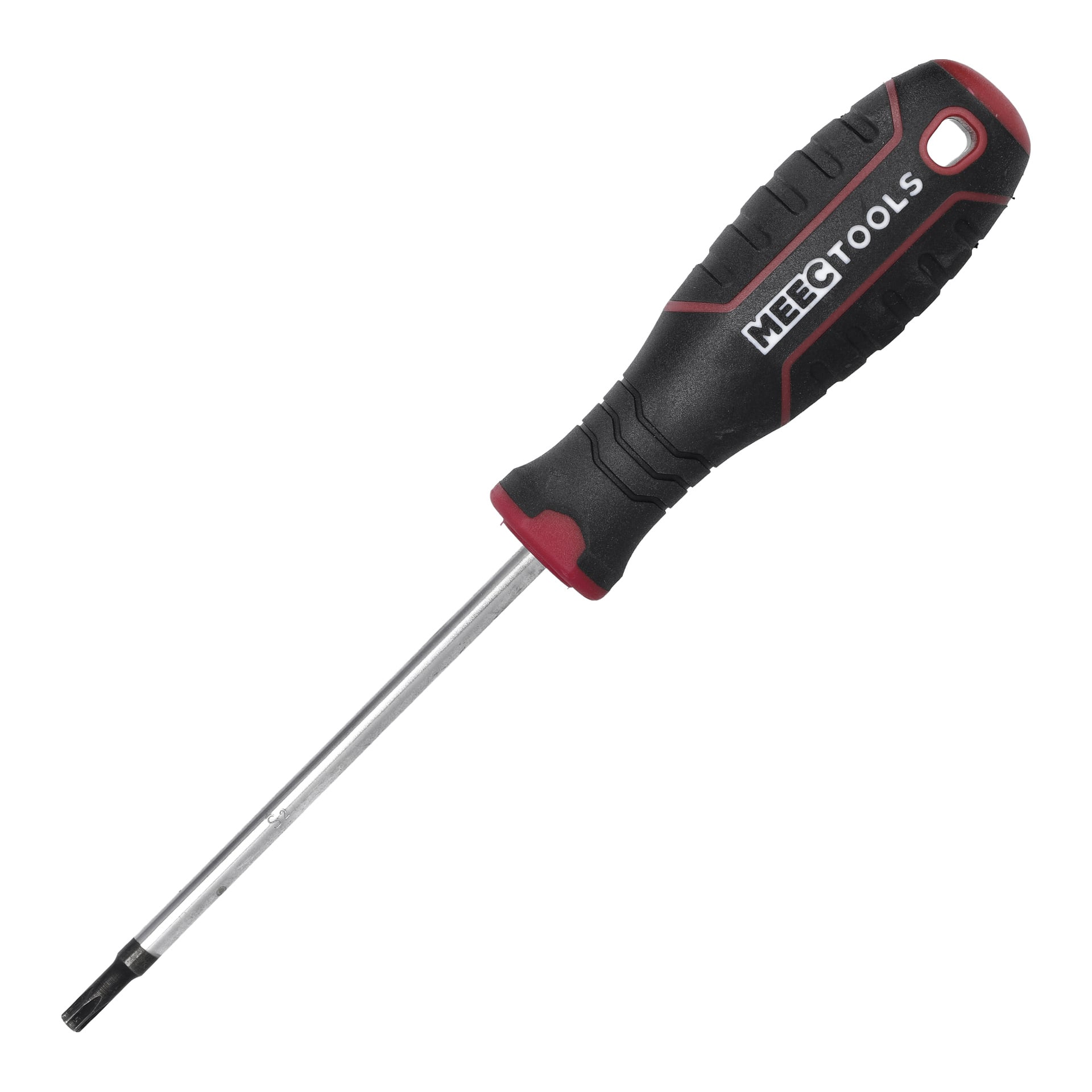 En Meec Tools Torx-skruvmejsel med svart och rött handtag och förlängd metallaxel. Handtaget har ett hål nära spetsen, vilket gör det praktiskt att hänga upp eller fästa ett snöre.