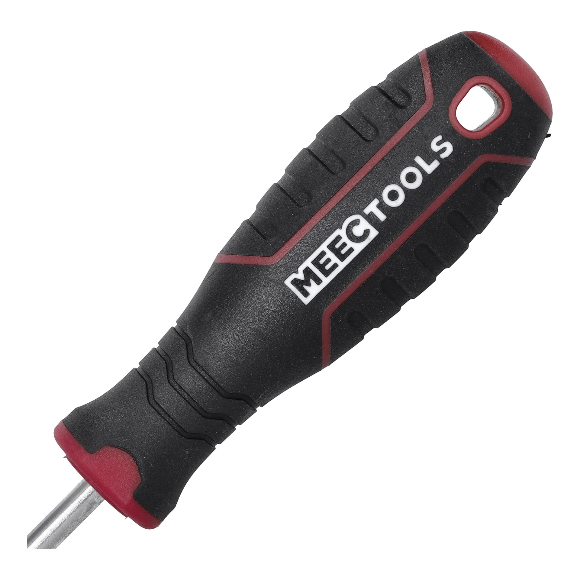En närbild på ett Meec Tools Torx-skruvmejselhandtag med en svart texturerad yta, röda detaljer, varumärkeslogotypen i fet vit text och ett hål i änden för upphängning eller förvaring.