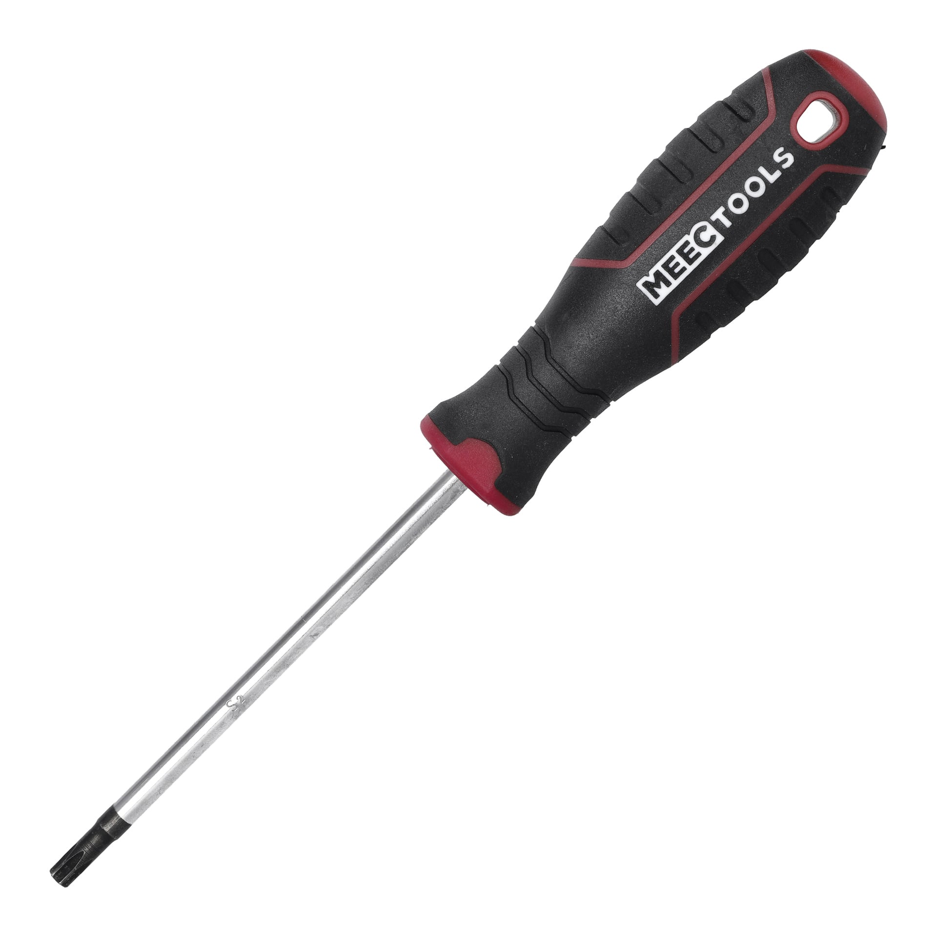 En Meec Tools Torx-skruvmejsel med ett svart och rött texturerat handtag som inkluderar ett hål för upphängning, och ett metallskaft som slutar i en Torx-formad spets.