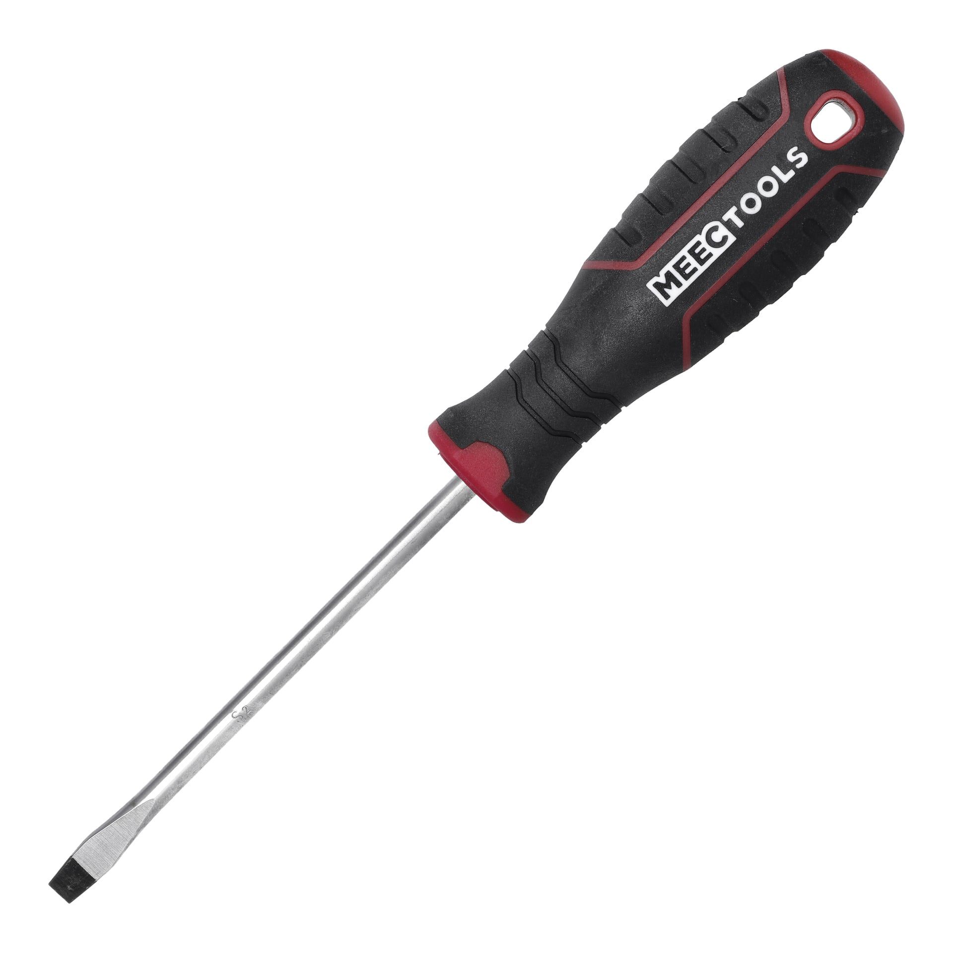 Ein Meec Tools Schlitzschraubendreher mit schwarz-rotem Griff und silberner Metallwelle.