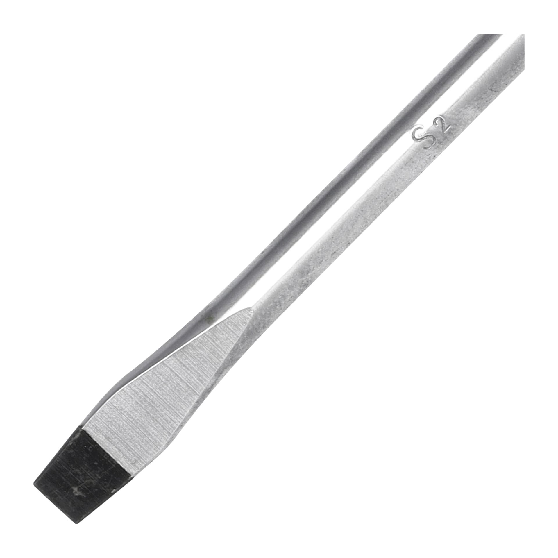 Eine Nahaufnahme des Meec Tools Schlitzschraubendrehers, der seinen metallischen Griff und die flache, schlitzförmige Spitze diagonal positioniert zeigt.