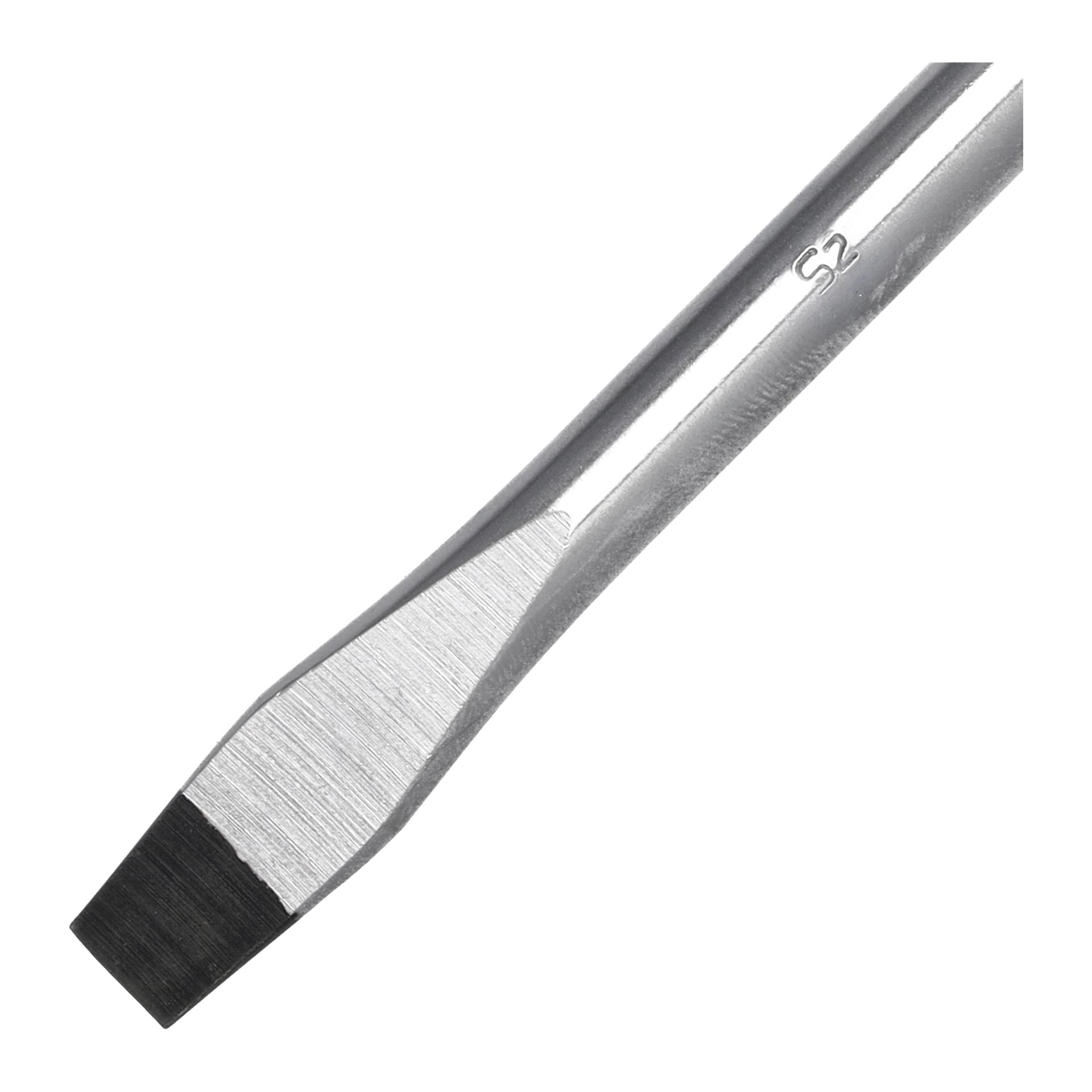 Närbild på Meec Tools Slitsade skruvmejsel, som framhäver dess metallskaft och platta bladspets.