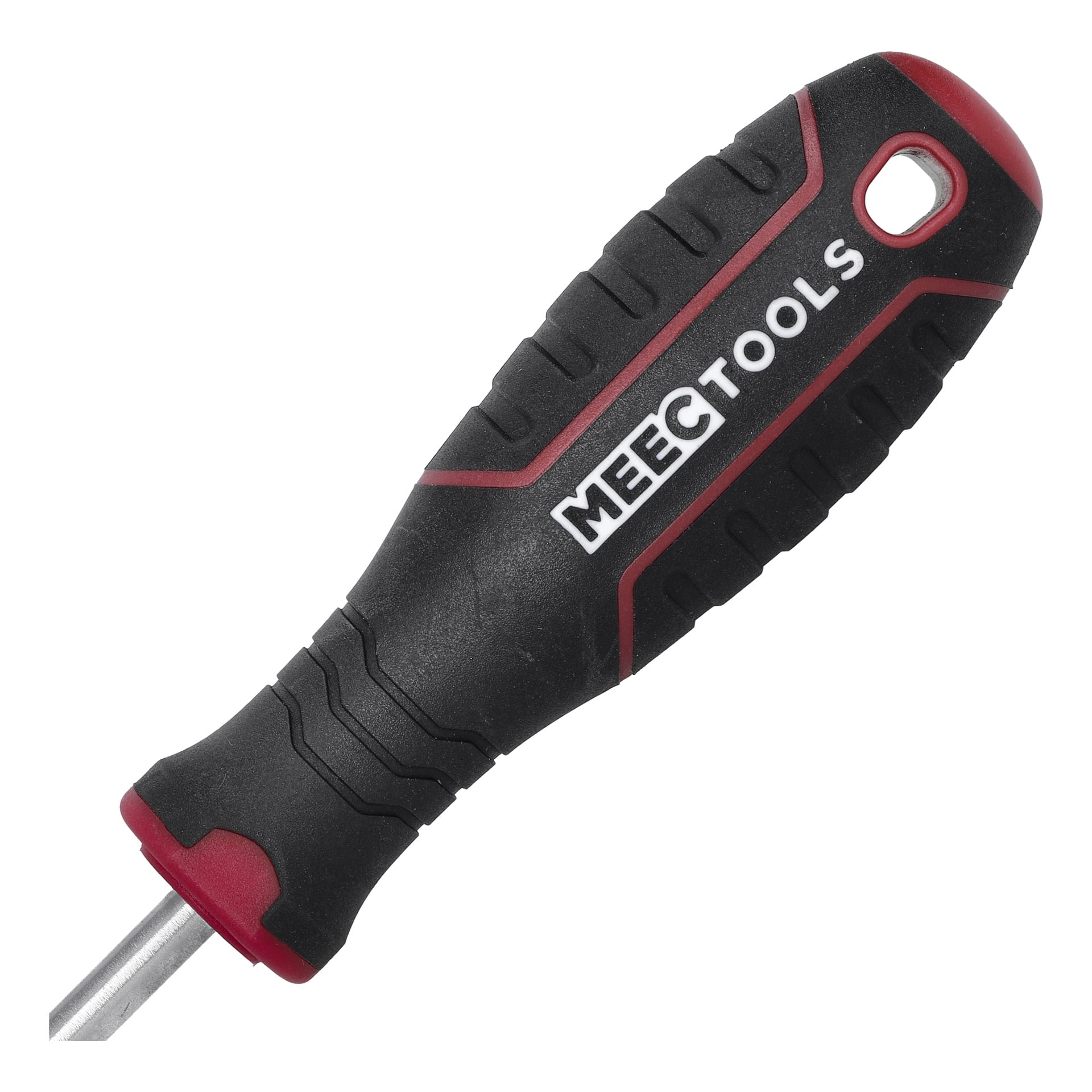 Svart och rött handtag på en slitsad skruvmejsel med texturerat grepp, som visade Meec Tools-etiketten. Ett hål nära toppen möjliggör upphängning eller förvaring, och handtaget är kopplat till en metallaxel.