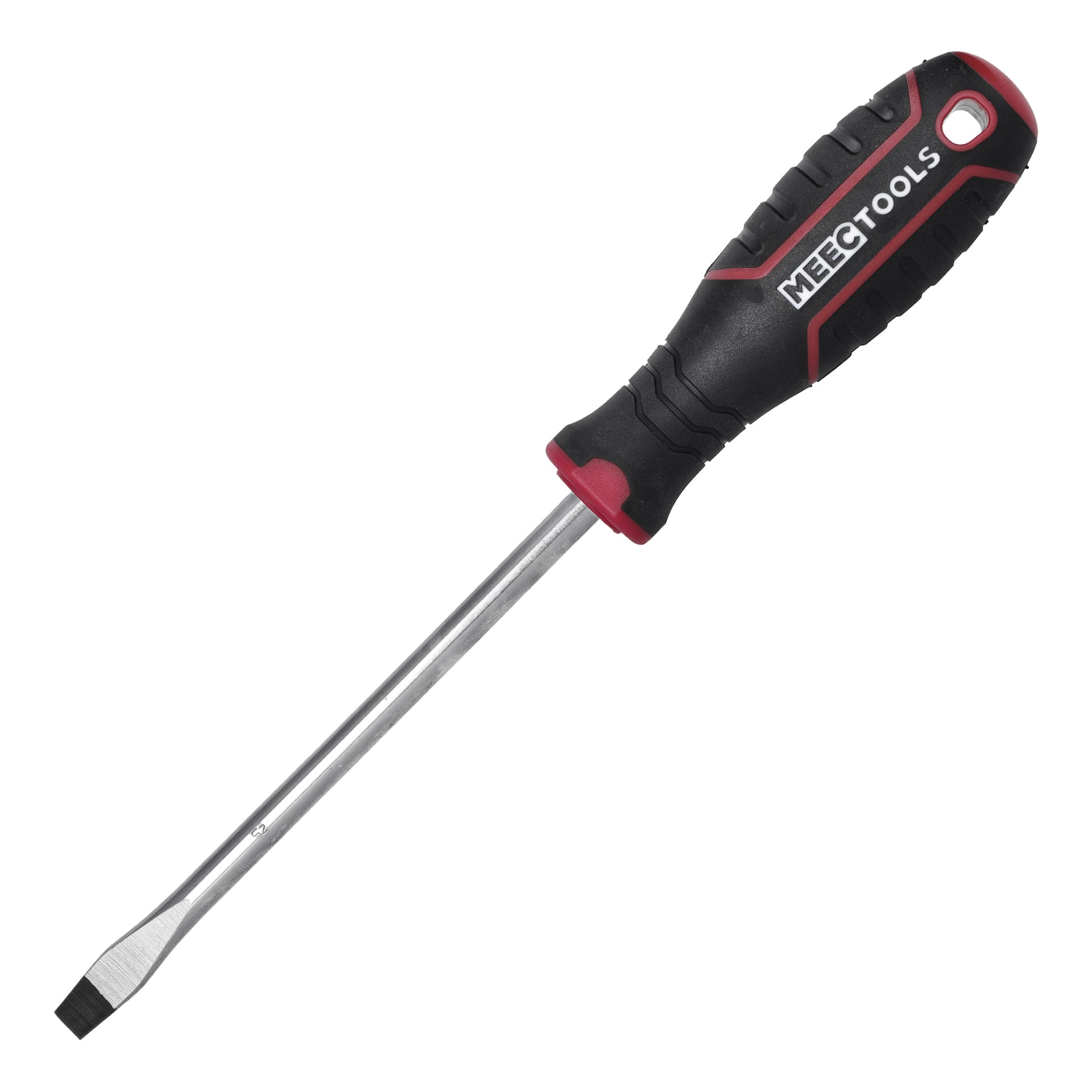 En Meec Tools platt skruvmejsel med svart och rött handtag och en förlängd metallaxel som slutar i ett platt blad.