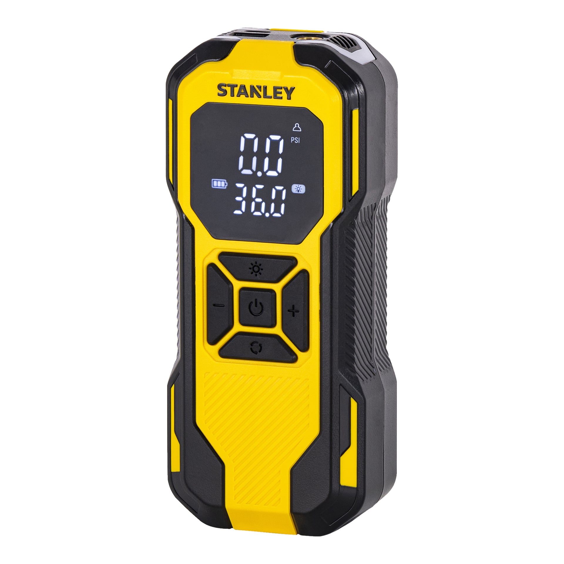 Miniaturowa pompa powietrza Stanley Rechargeable SXIF0101, w kolorze żółto-czarnym, pokazuje ciśnienie 0,0 PSI i temperaturę 36,0°C na wyświetlaczu cyfrowym, a przyciski sterujące umieszczone są pod ekranem.