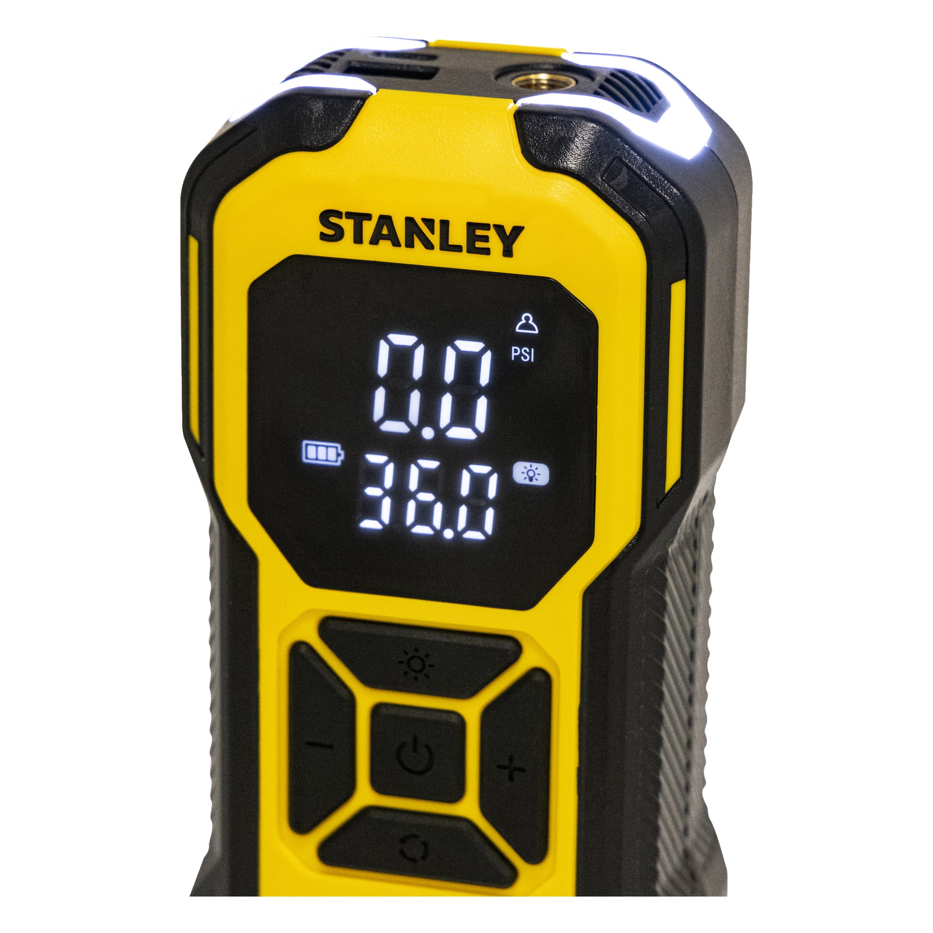 Zbliżenie na Stanley Rechargeable Mini Air Pump SXIF0101 pokazuje ekran LED pokazujący 0,0 PSI i 36,0, a przyciski sterujące znajdują się pod wyświetlaczem na żółto-czarnym korpusie.