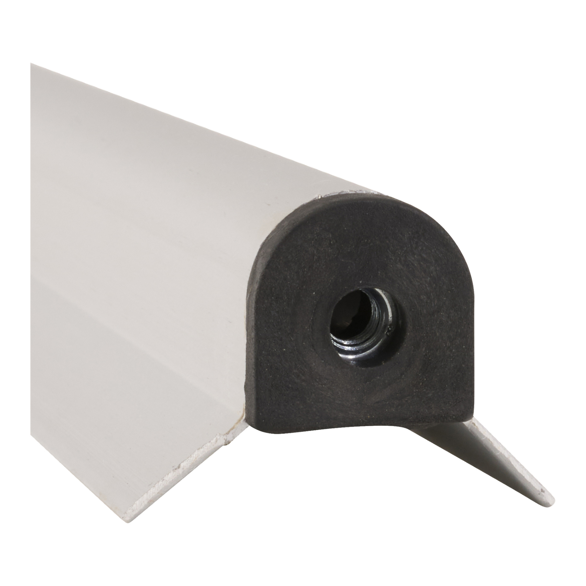 Närbild på Aluminium Post Bottom 014465, ett vitt L-format fäste med ett rundat svart gummilock och en central gängad insats.