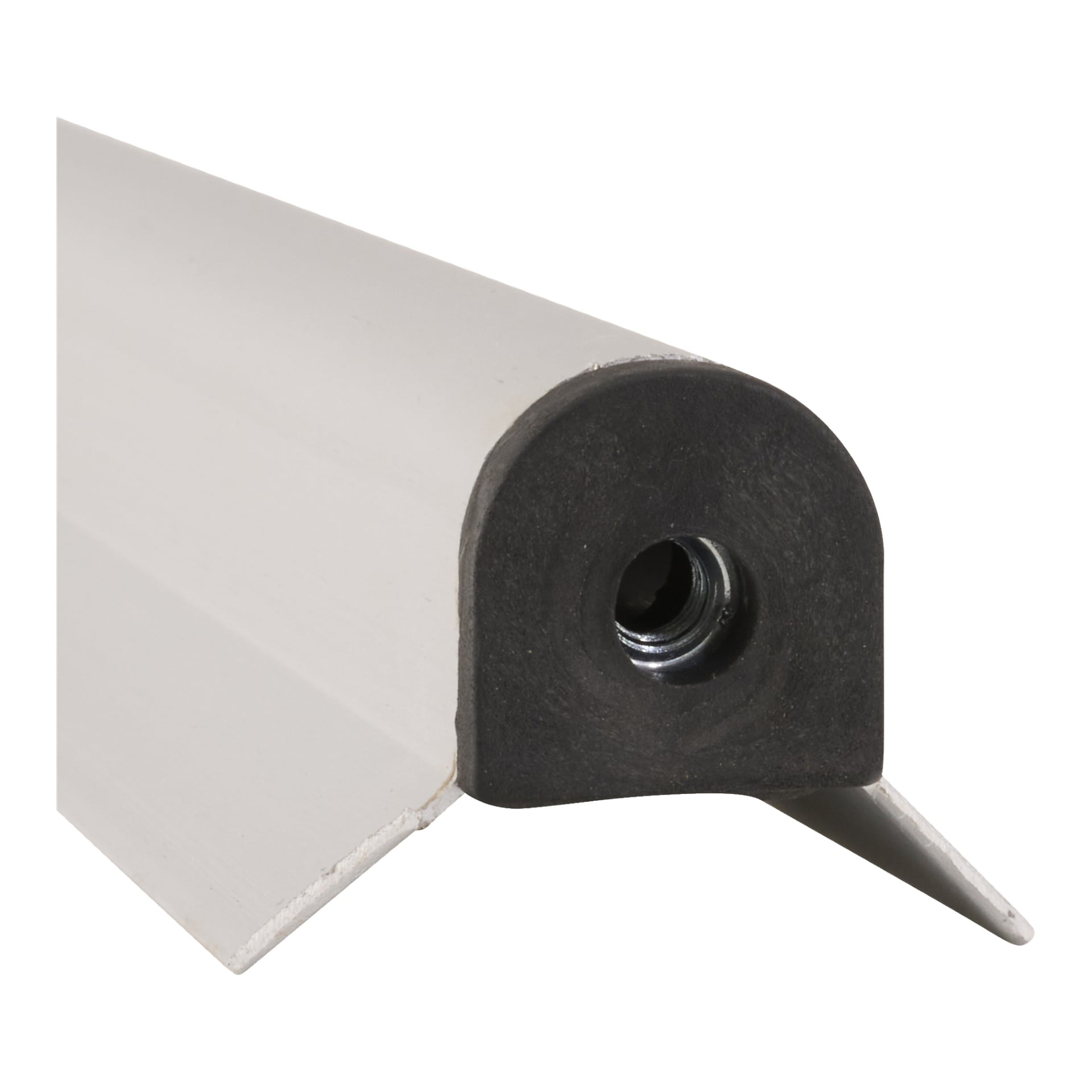 Närbild på Aluminium Post Bottom 014465, ett vitt L-format fäste med ett rundat svart gummilock och en central gängad insats.