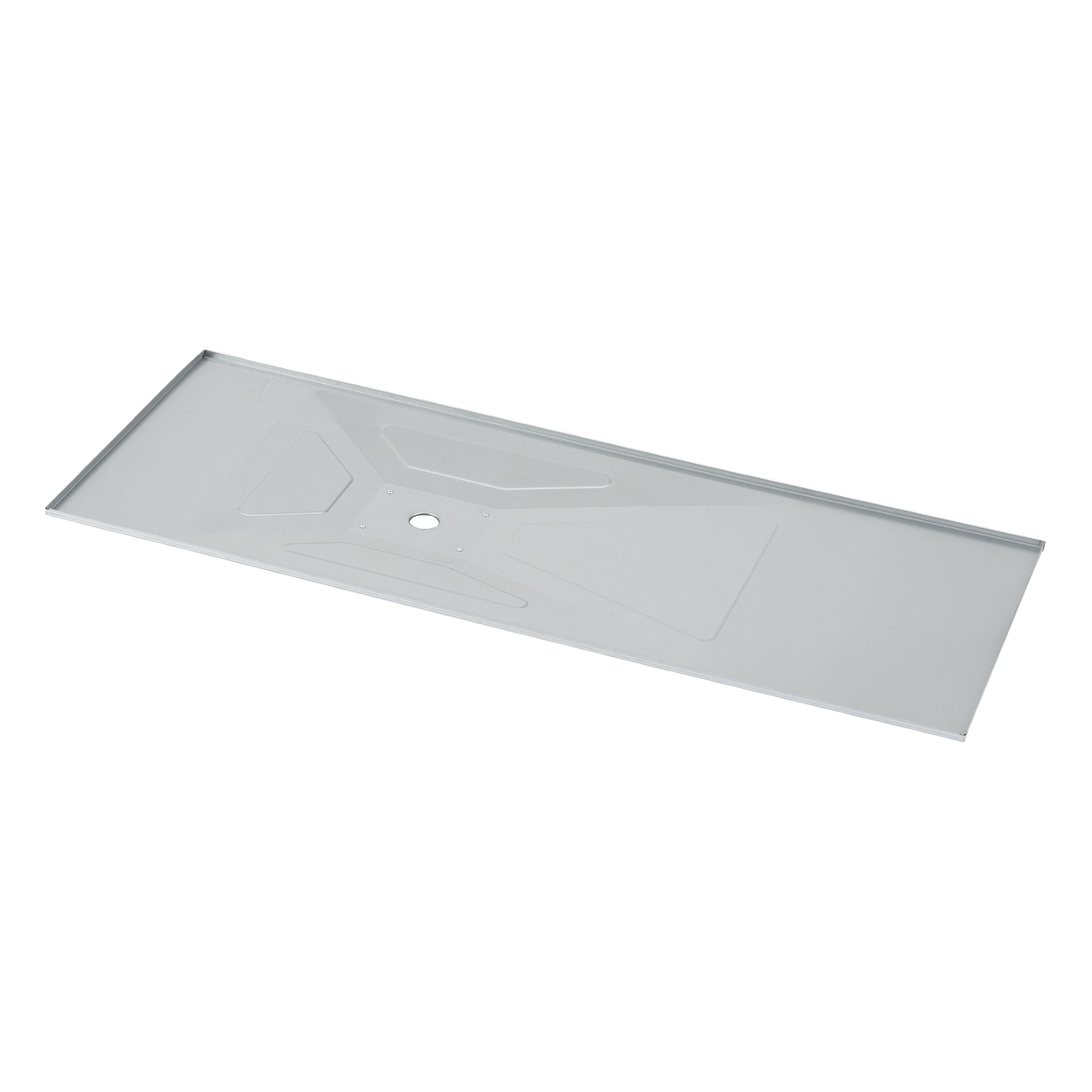 En rektangulär metallplåt med upphöjda kanter, en X-formad mittinbukt och ett centralt runt hål. Ytan är blank och slät.