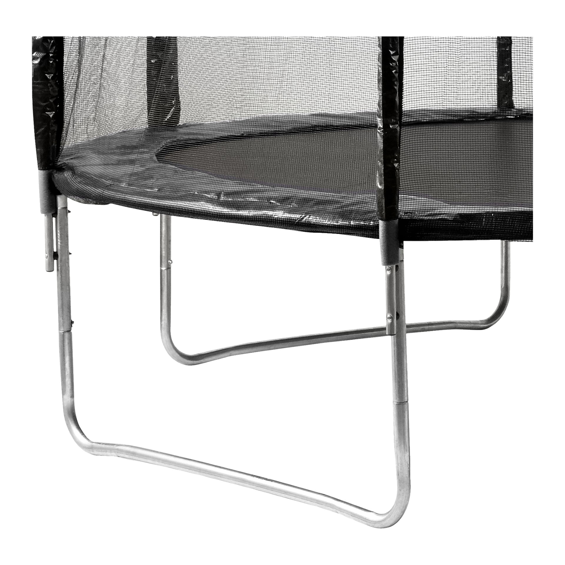 En närbild av Kayoba Trampoline framhäver dess robusta metallram, svarta vaddering och ett delvis synligt säkerhetsnät.