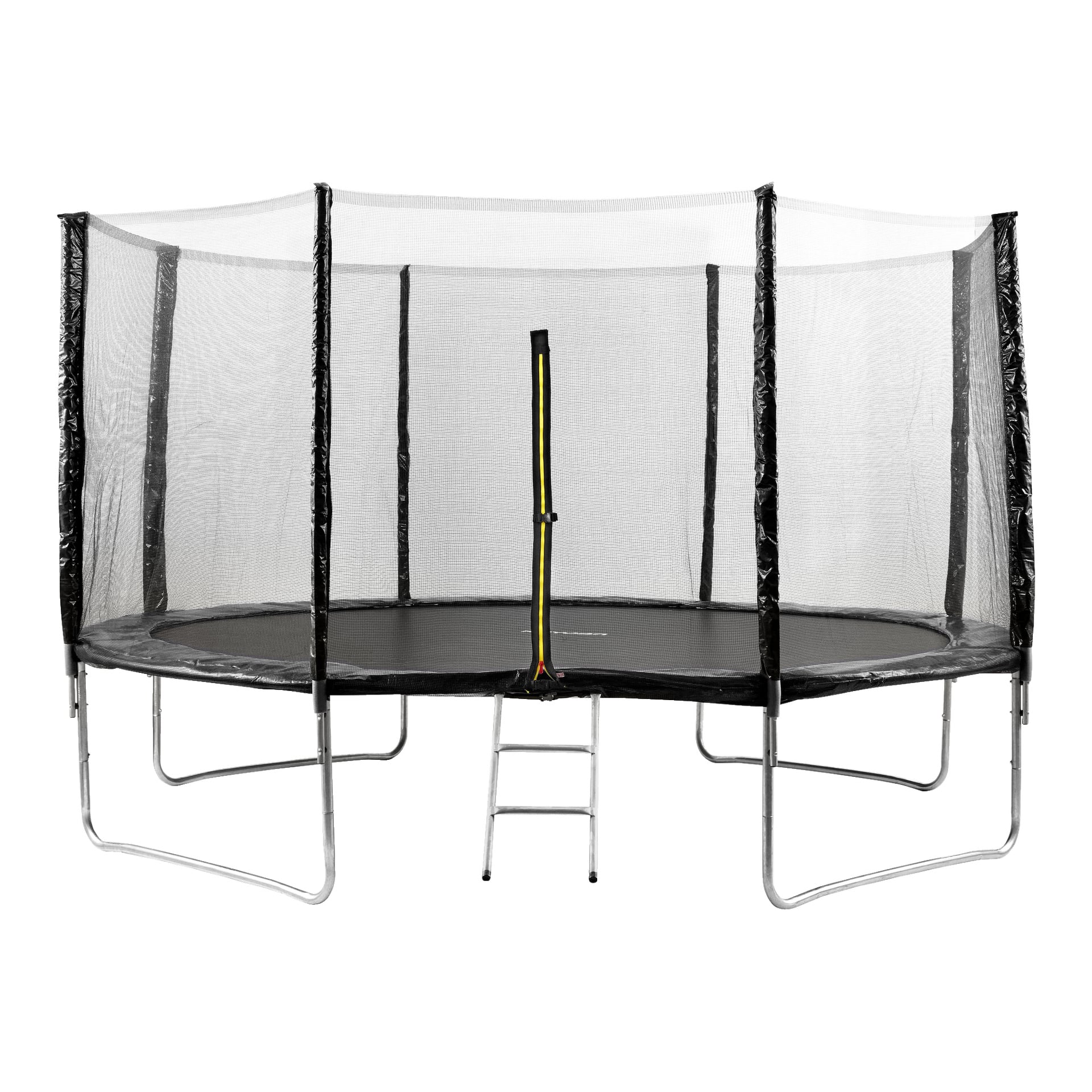 En rund Kayoba-trampolin med stadiga metallben, komplett med ett säkerhetsnät som har en dragkedjasförsedd entré och en liten stege framtill.
