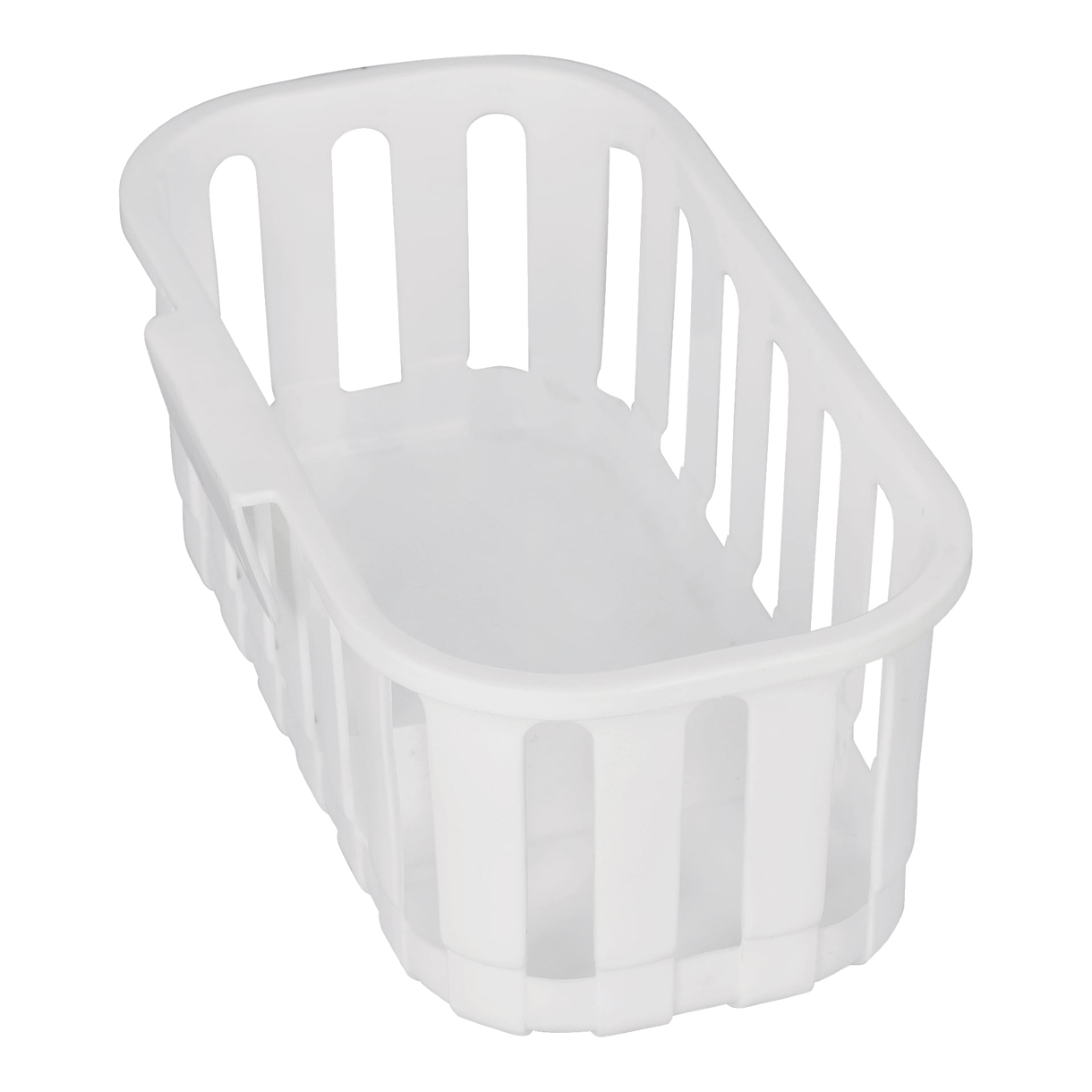 Vit plastkorg med badkar med vertikala ribbor och rundade hörn, visade tomma mot en enkel bakgrund.