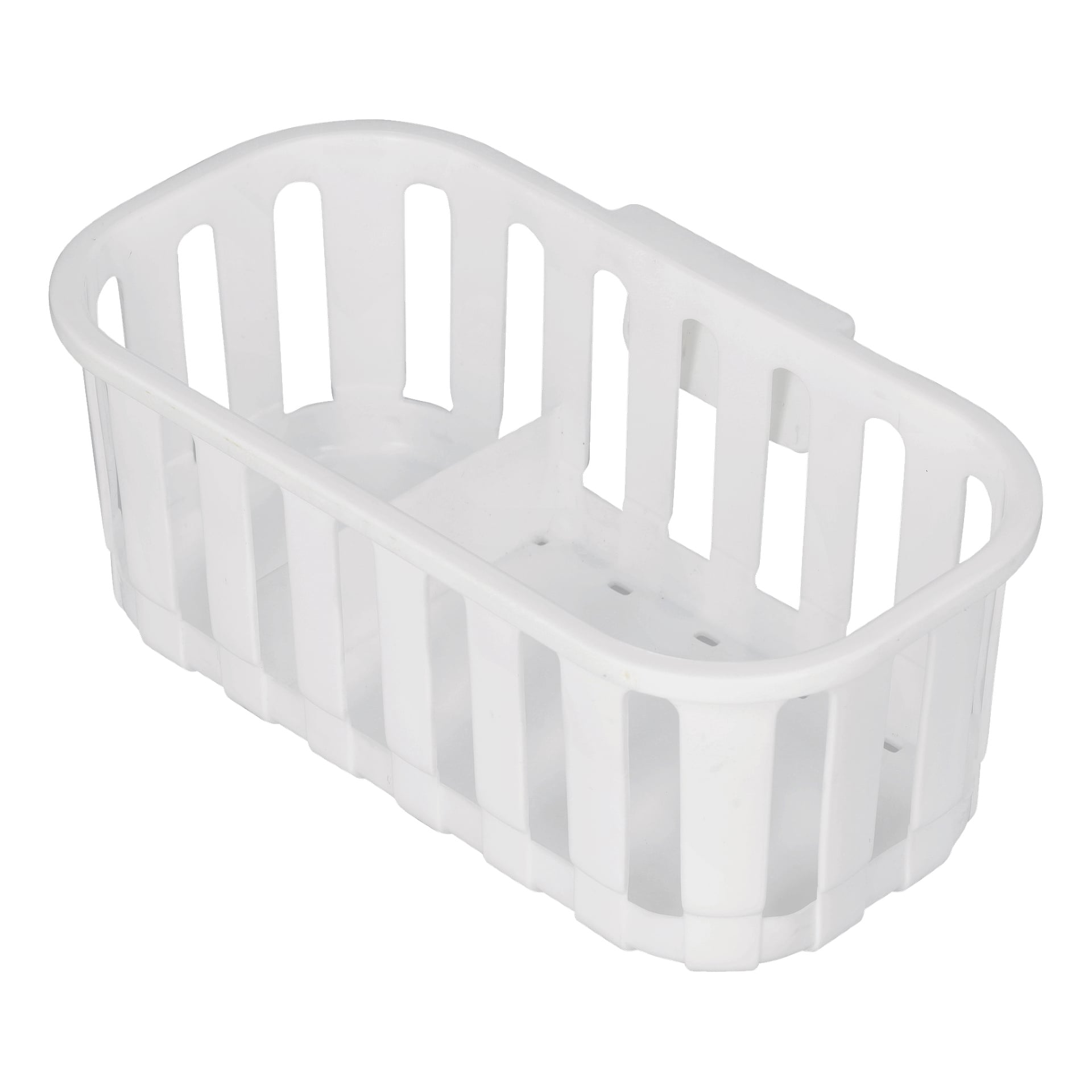 En vit rektangulär plastkorg för badkar med rundade hörn och vertikala springor på sidor och botten, perfekt för organisering.