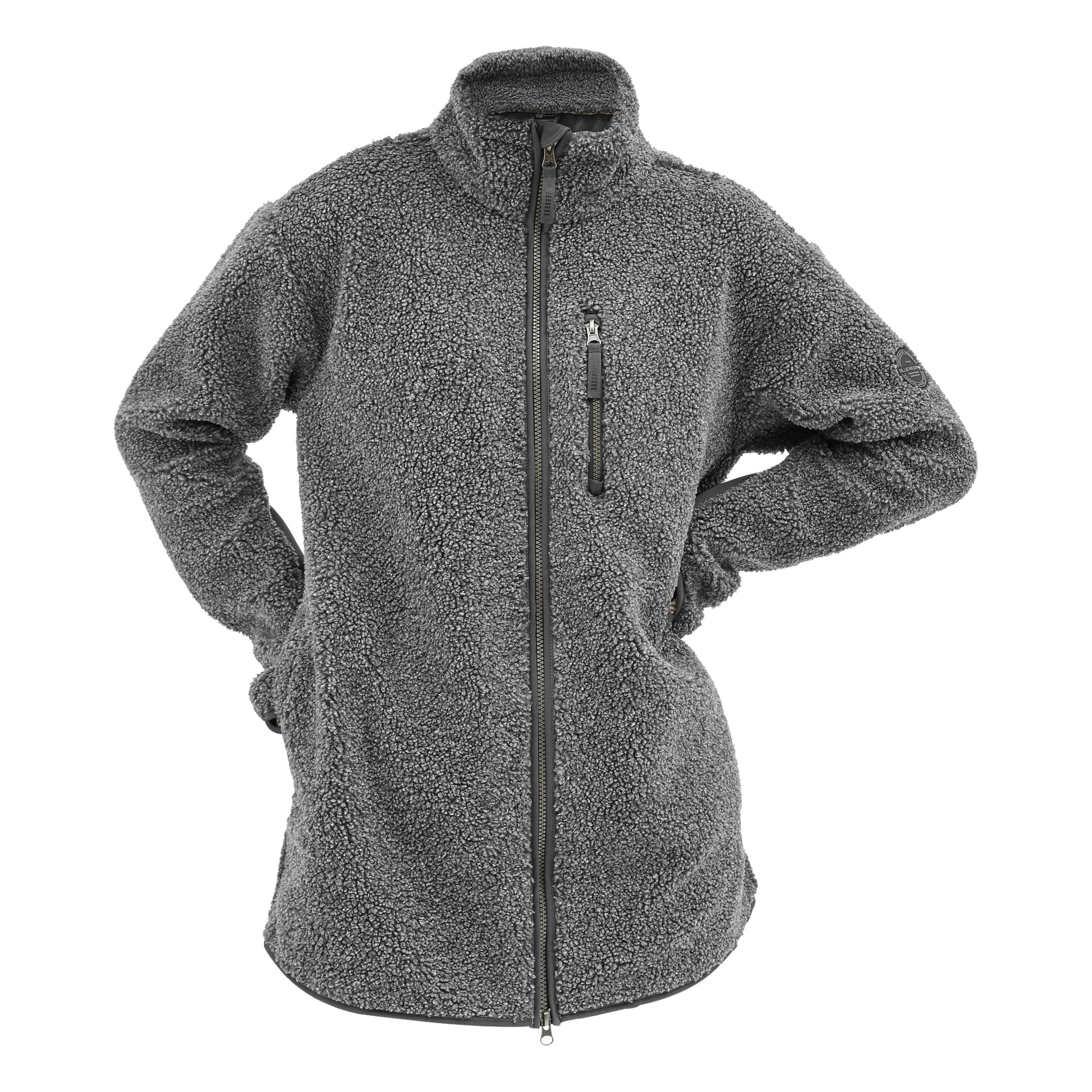 Bluewear Woman's Vivienne fleecejacka har hög krage, bröstficka och texturerat grått fleecetyg, synligt med lätt böjda ärmar.
