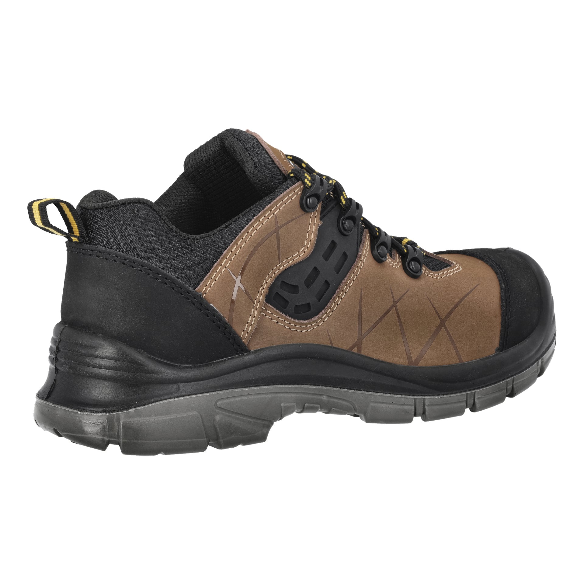 Bluewear Safety Shoes Dallas visas med en brun och svart färgschema, tjocka grå sulor, förstärkta tår, svarta snören och gula detaljer. Sidovyn visar synliga texturerade material och detaljerad sömnad. Dessa robusta skor är anpassade för krävande bygg- eller industrimiljöer.
