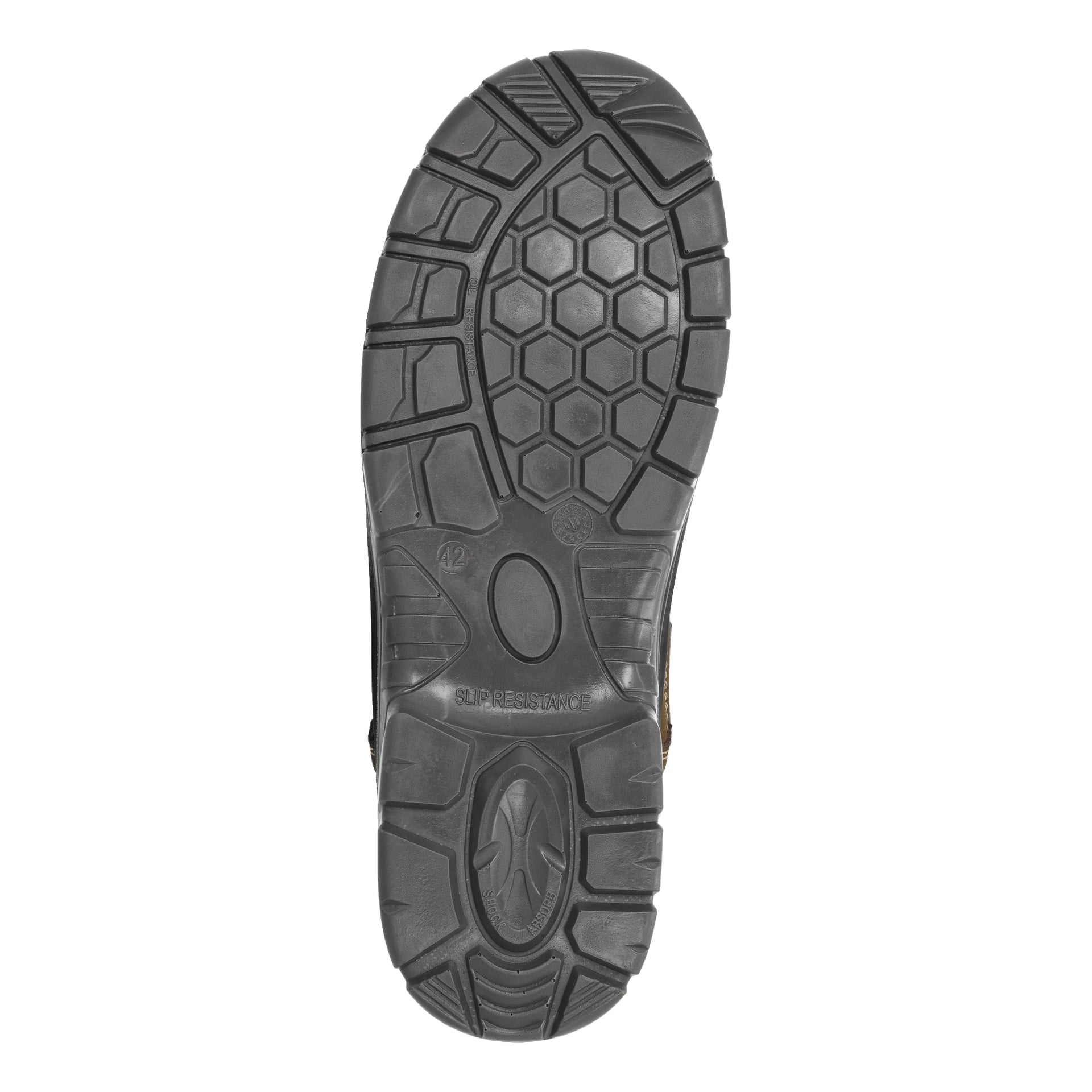 Szczegółowy widok czarnej gumowej podeszwy z Bluewear Safety Shoes Dallas, przedstawiający mieszankę plastra miodu i geometrycznych wzorów bieżnika z napisem SLIP RESISTANCE wypukłym literami.