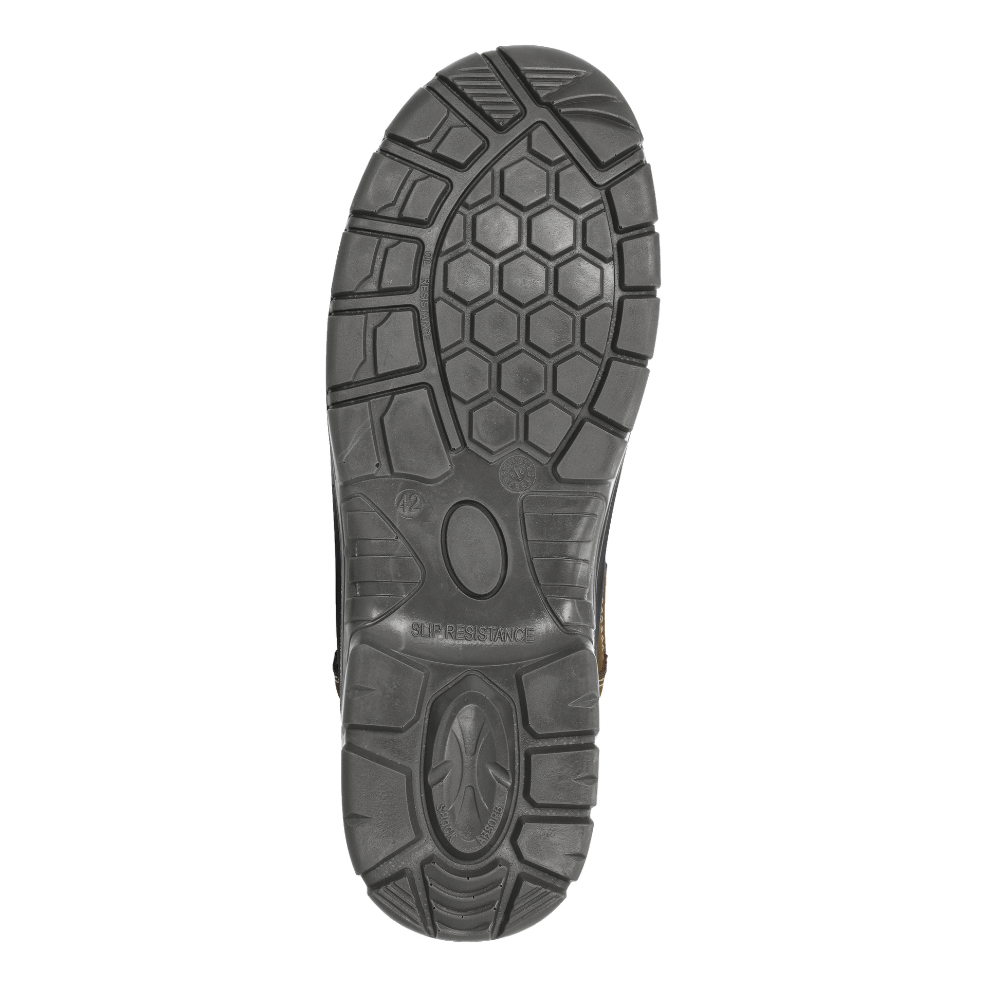 Na zdjęciu widać spód butów Bluewear Safety Shoes Dallas, podkreślający czarną gumową podeszwę z sześciokątnymi i rowkowanymi wzorami bieżnika. Na dole widnieją słowa "ODPORNOŚĆ NA POŚLIZG", kilka symboli oraz oznaczenie rozmiaru 42.