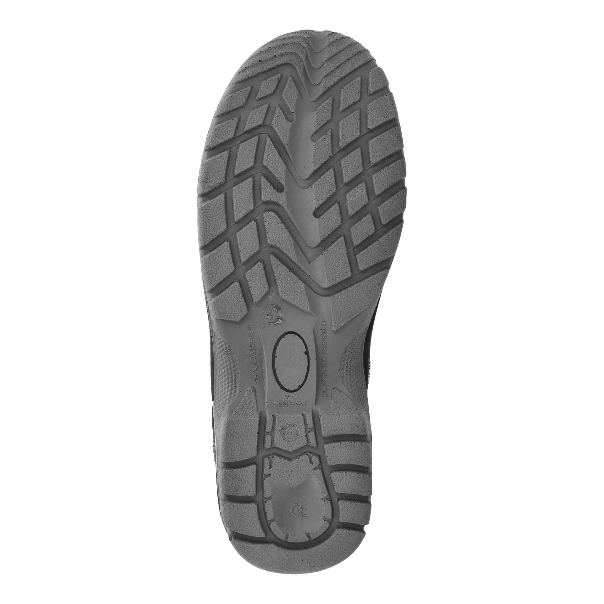 Widok od spodu szarego Bluewear Safety Shoes Paterson, podkreślający jego solidny bieżnik z głębokimi rowkami i małymi okrągłymi znakami zapewniającymi przyczepność. Liczba "42" jest oznaczona blisko środka podeszwy.