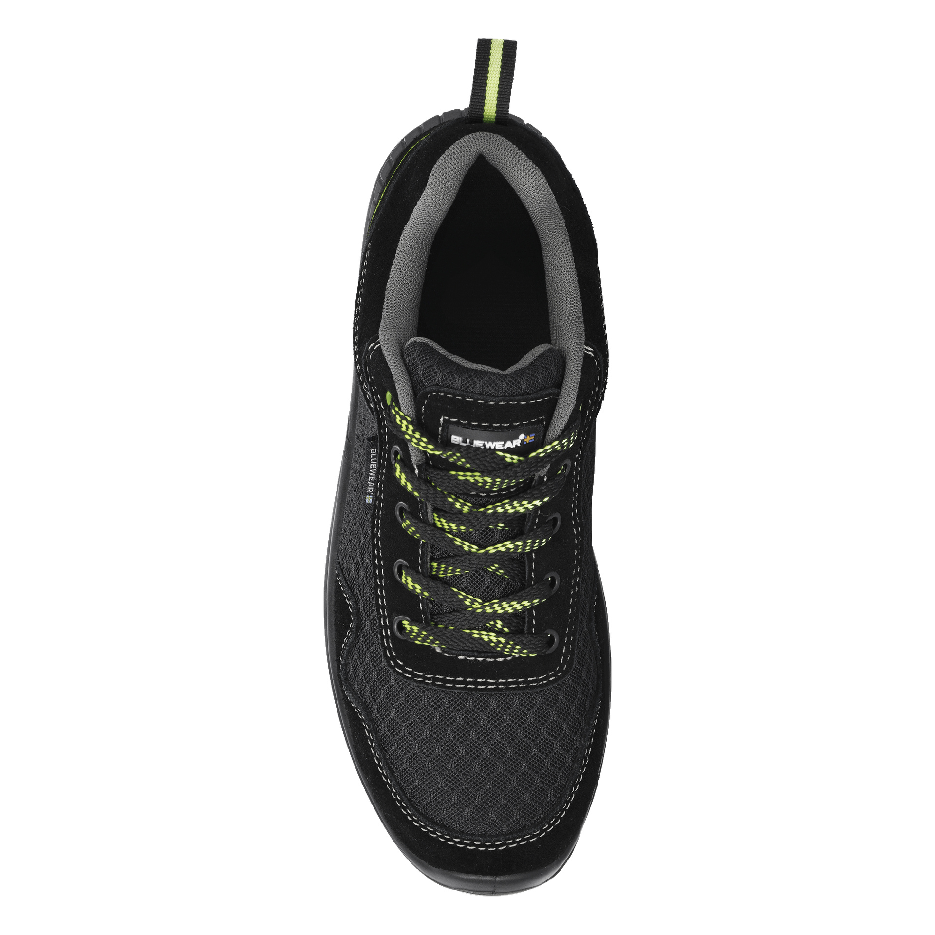 Widok z góry pokazuje buty Bluewear Safety Toledo w sportowym czarnym wzorze podkreślonym zielono-szarymi detalami, czarno-zielonymi sznurowadłami, przewiewną siatką na palcach, szarą podszewką wewnątrz oraz małą metką Bluewear na języku.