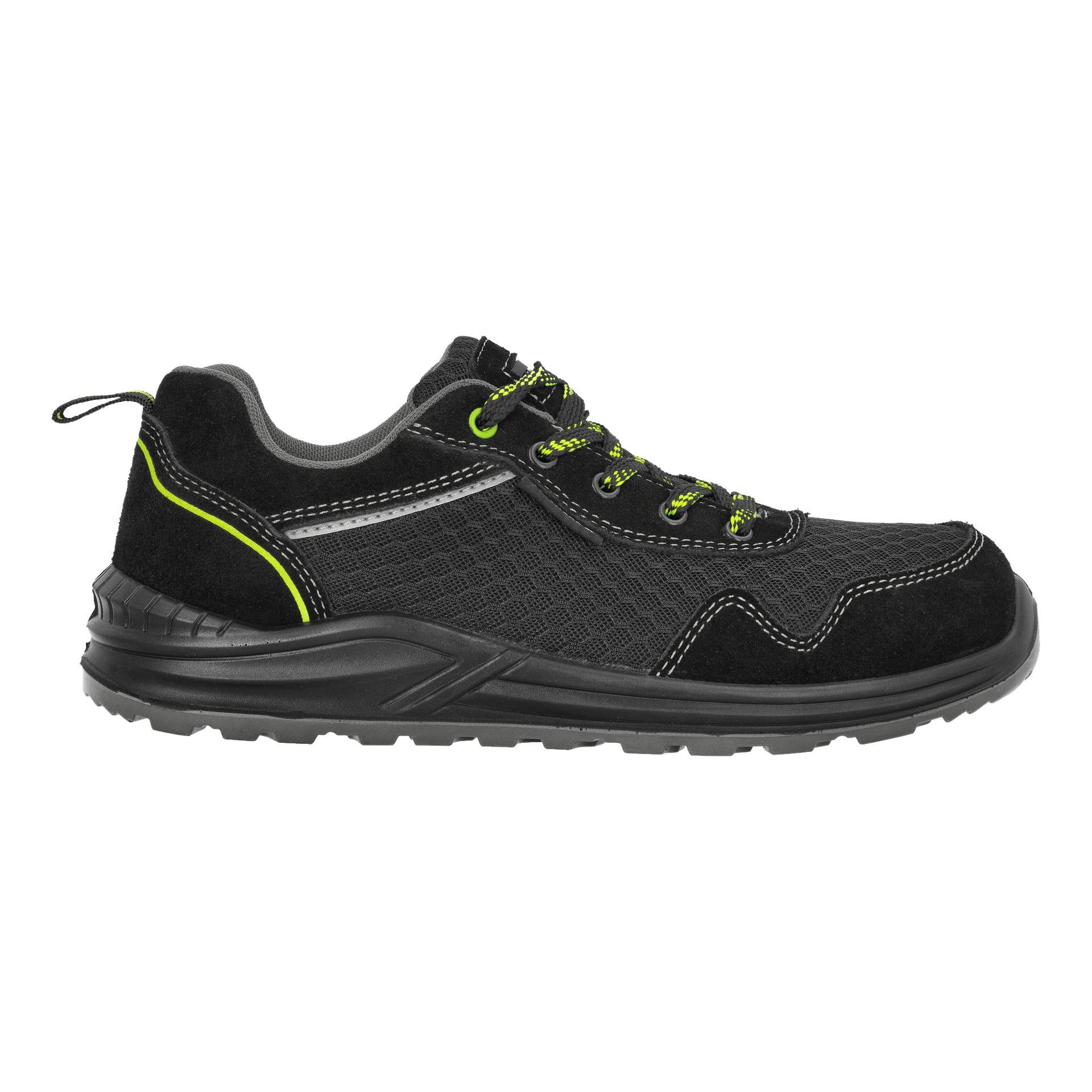 Buty Bluewear Safety Toledo występują w profilu skierowanym w prawo, z czarną fakturowaną siatkową górką z neonowozielonymi akcentami na sznurowadłach i piętach, białym przeszyciem, odblaskowym paskiem oraz solidną czarną podeszwą z wytrzymałym bieżnikiem.