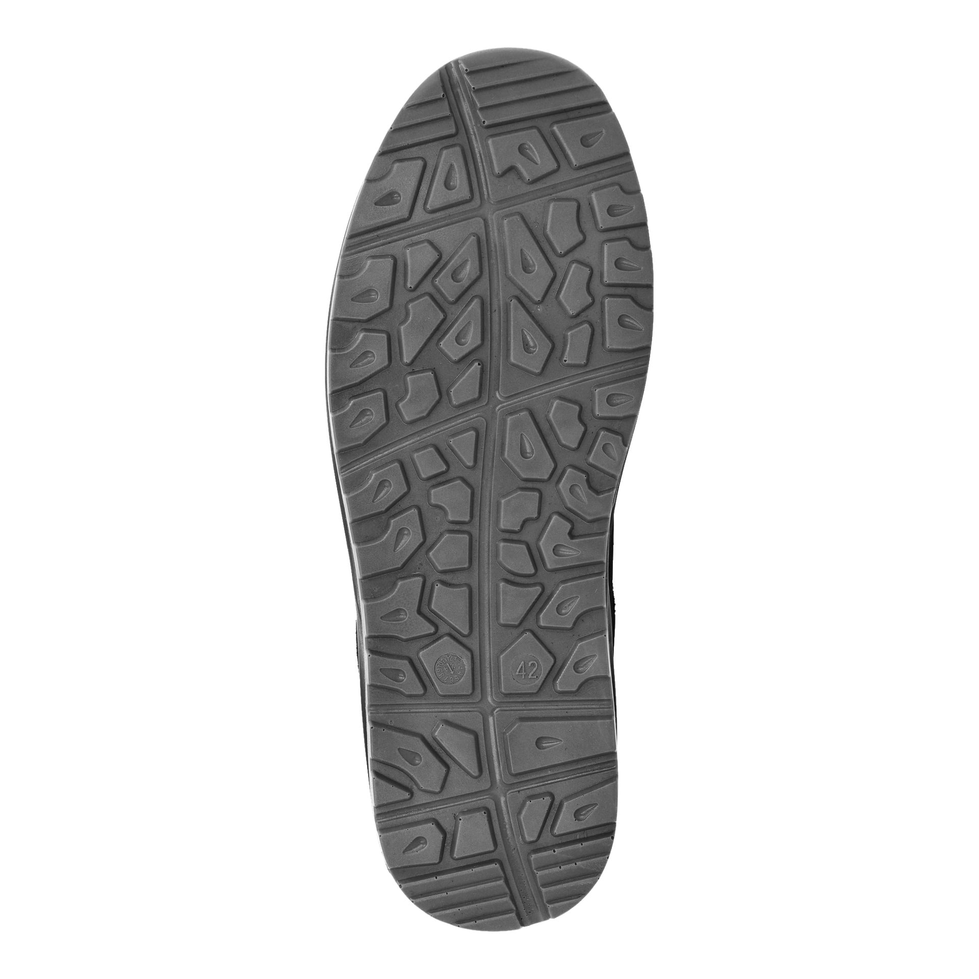 Zdjęcie przedstawiające spód butów Bluewear Safety Shoes Toledo, z czarną gumową podeszwą z geometrycznym bieżnikiem i numerem 42 oznaczającym rozmiar.
