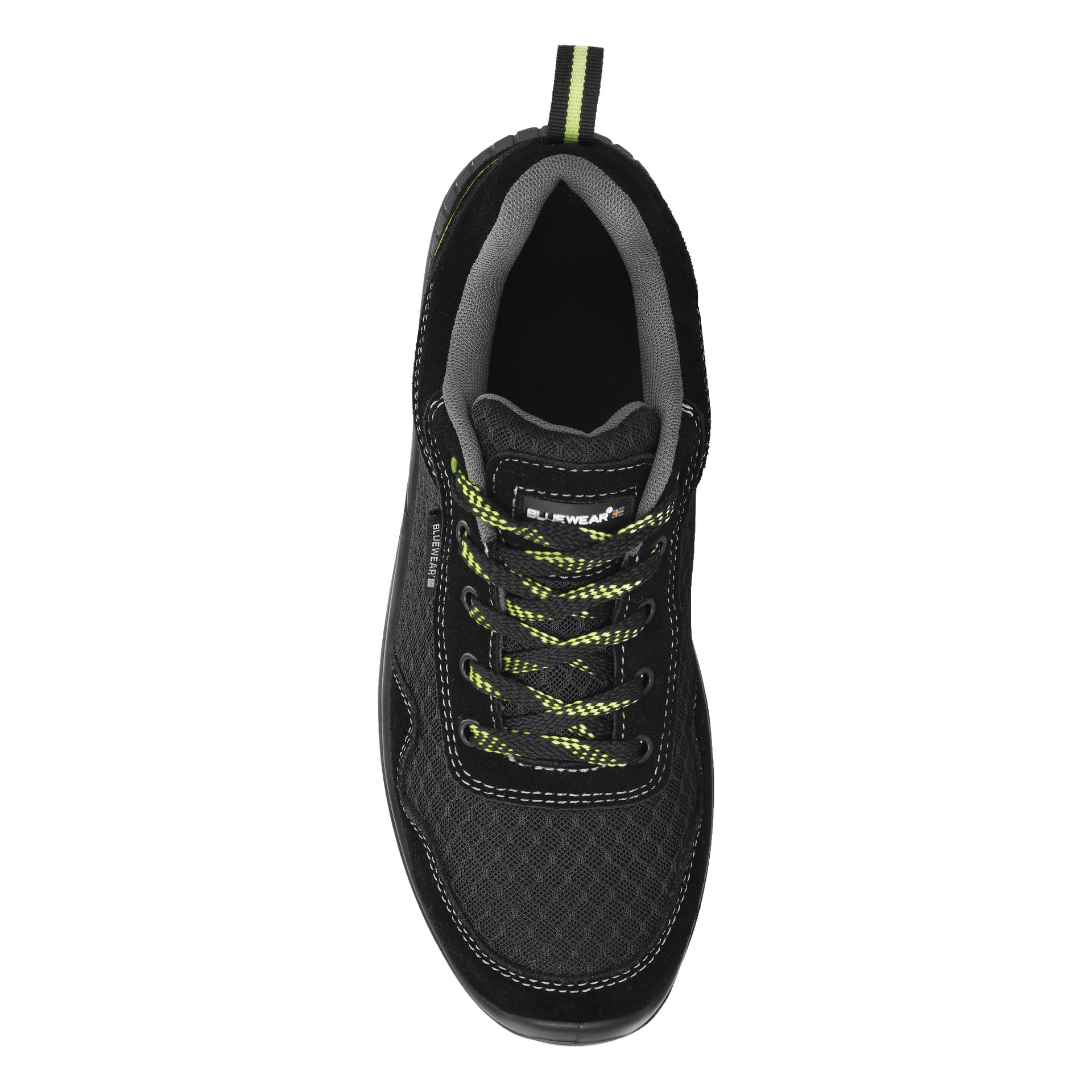 Buty Bluewear Safety Toledo są przedstawione z góry, charakteryzują się sportową czarno-szarą kolorystyką z siateczkową częścią na palcach, czarnymi zamszowymi detalami, neonowo-zielonymi i czarnymi sznurowaniami, miękkim szodłem oraz zakładką na pięcie ozdobioną zielonymi paskami.