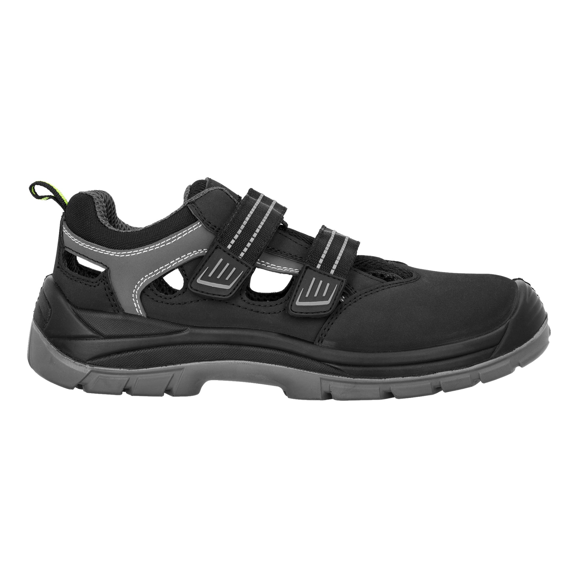 Bluewear "Orlando" sikkerhetssandaler har et svart og grått fargeskjema med en solid såle, åpne sider og to borrelåsstropper for sikker passform. Sandalene har forsterket søm og et sterkt, sklisikkert mønster for økt holdbarhet og beskyttelse.