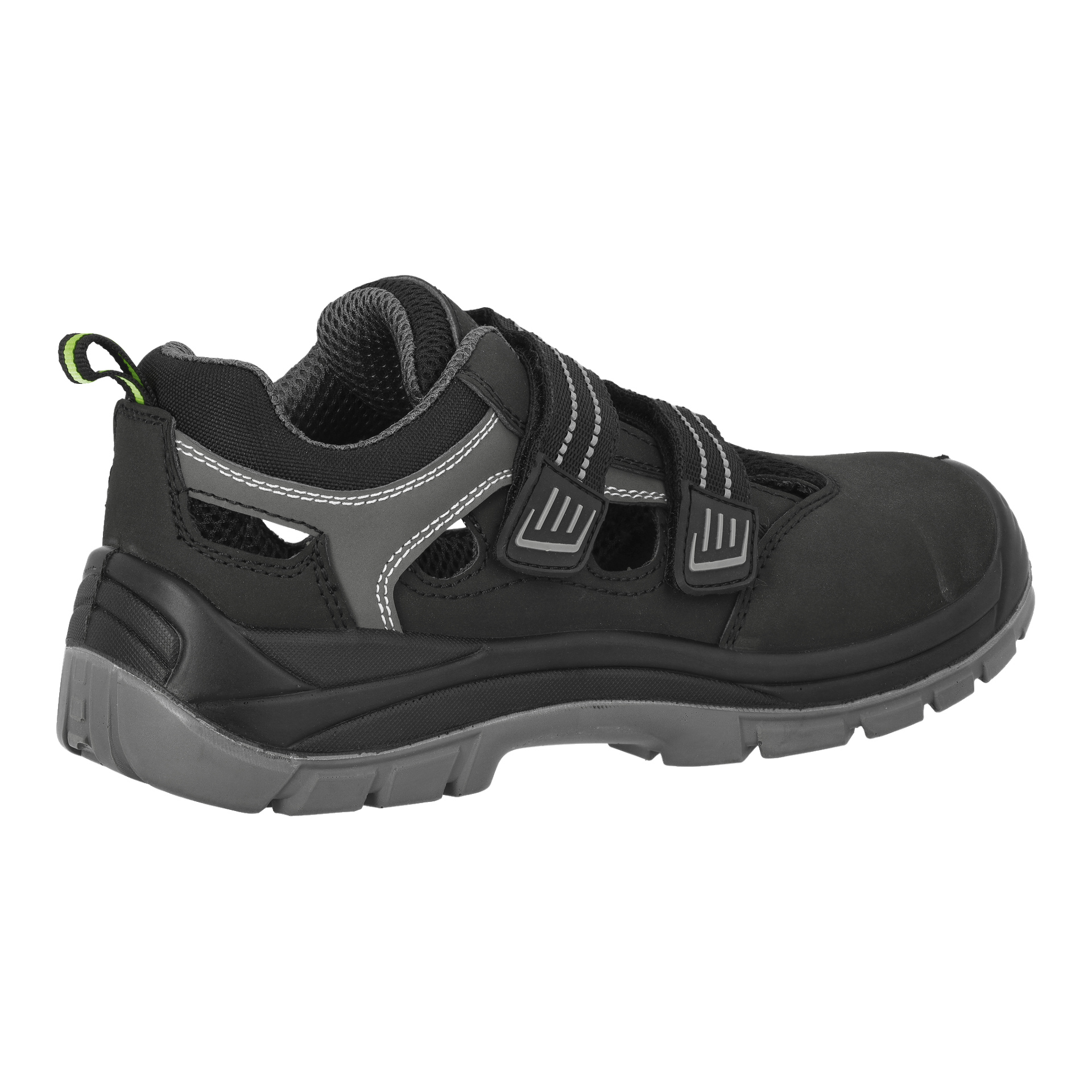 Orlando Bluewear Safety Sandals i svart og grått har lukkede tær, pustende nettingpaneler for ventilasjon, borrelåslås og en robust gummisåle designet for langvarig komfort og holdbarhet.