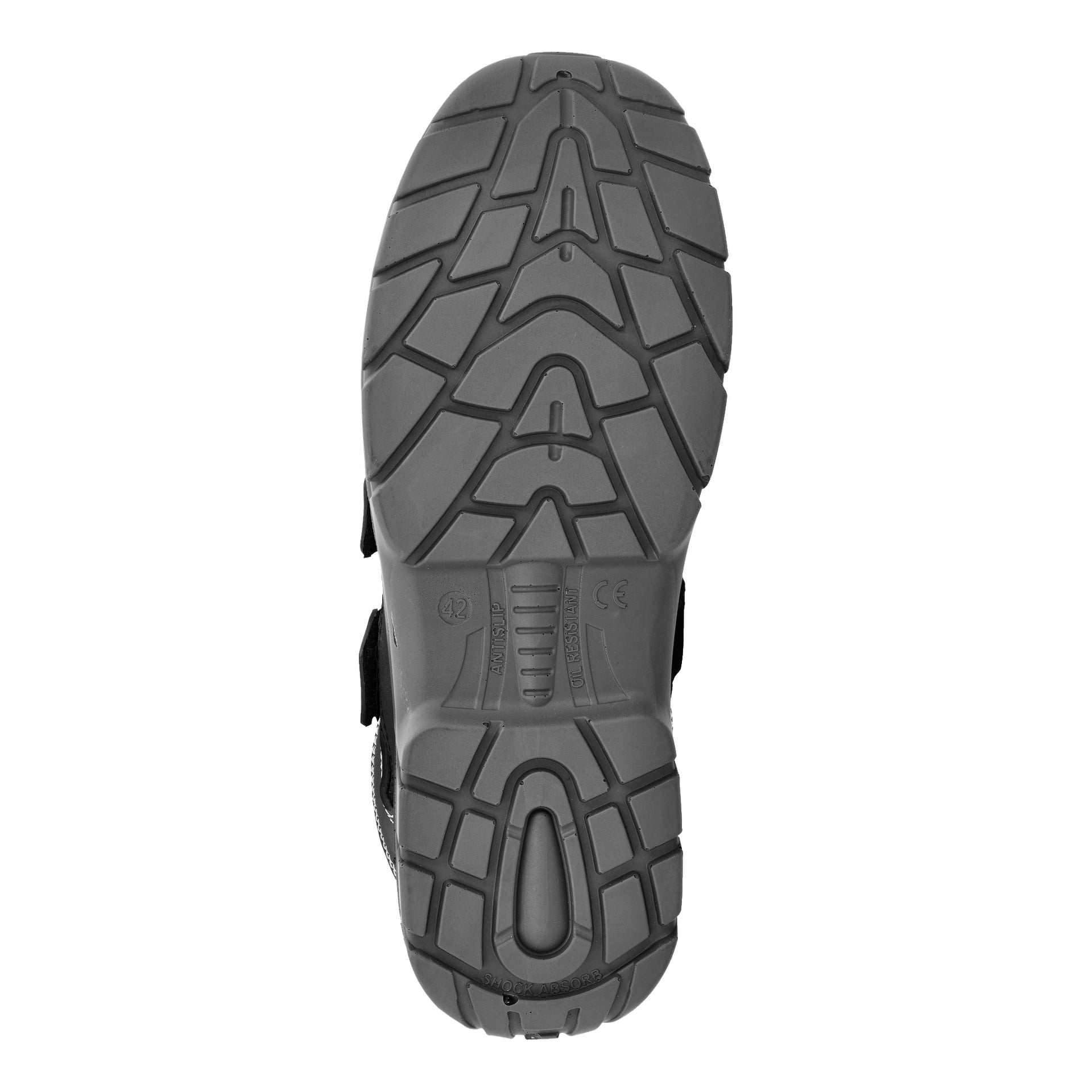 Fotot visar den svarta gummisulan på Bluewear Orlando Safety Sandals med kardborreband, vilket framhäver dess geometriska mönster bestående av spår och texturerade områden designade för grepp. Märkningar och certifieringssymboler finns också på sulan.