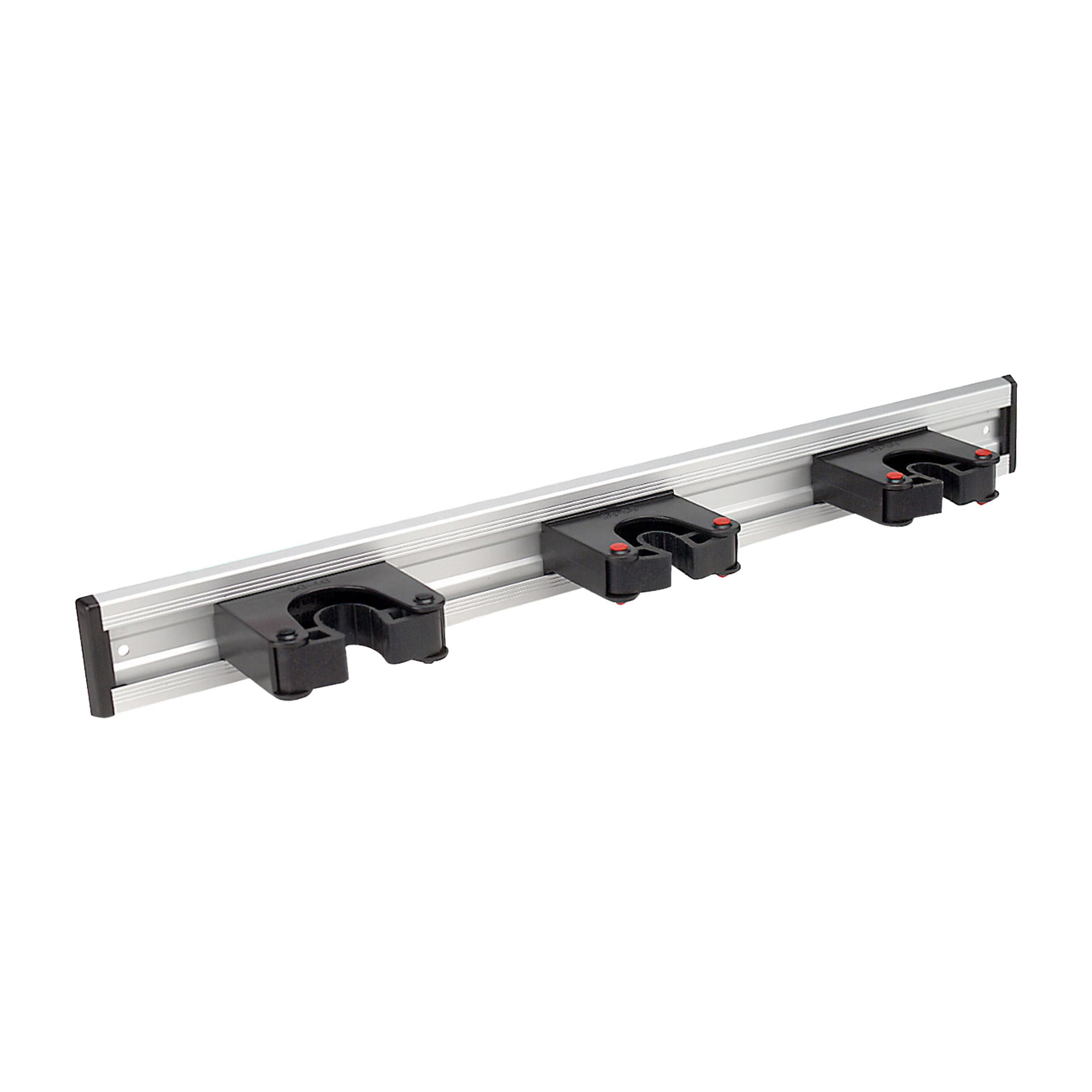 Uchwyty na sprzęt Toolflex składają się z aluminiowych szyn ściennych wyposażonych w trzy czarne plastikowe zaciski, idealne do mocnego mocowania przedmiotów, takich jak miotły i mopy.