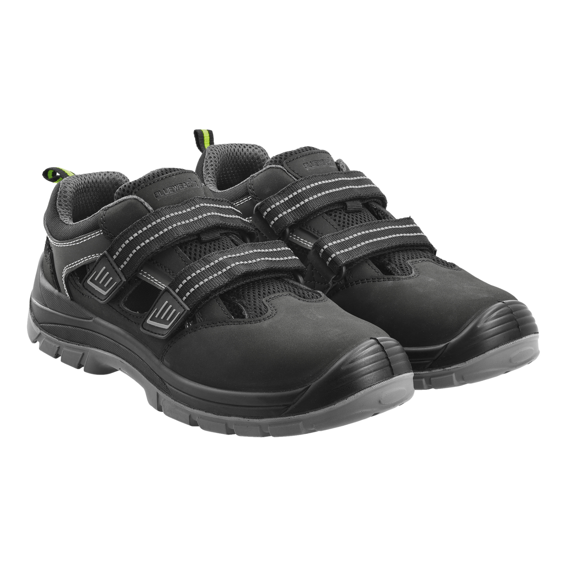 Bluewear Safety Sandals "Orlando" med borrelåsstropper, svarte mesh-seksjoner, solide gummisåler og grønne trekkfliker på hælen.