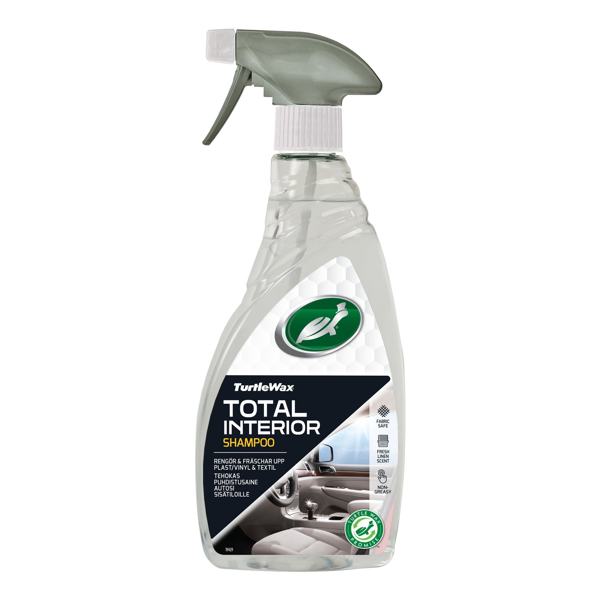 Turtle Wax Interior Wash i en transparent sprayflaska med grå munstycke, etiketten visar bilder av en bilinteriör.
